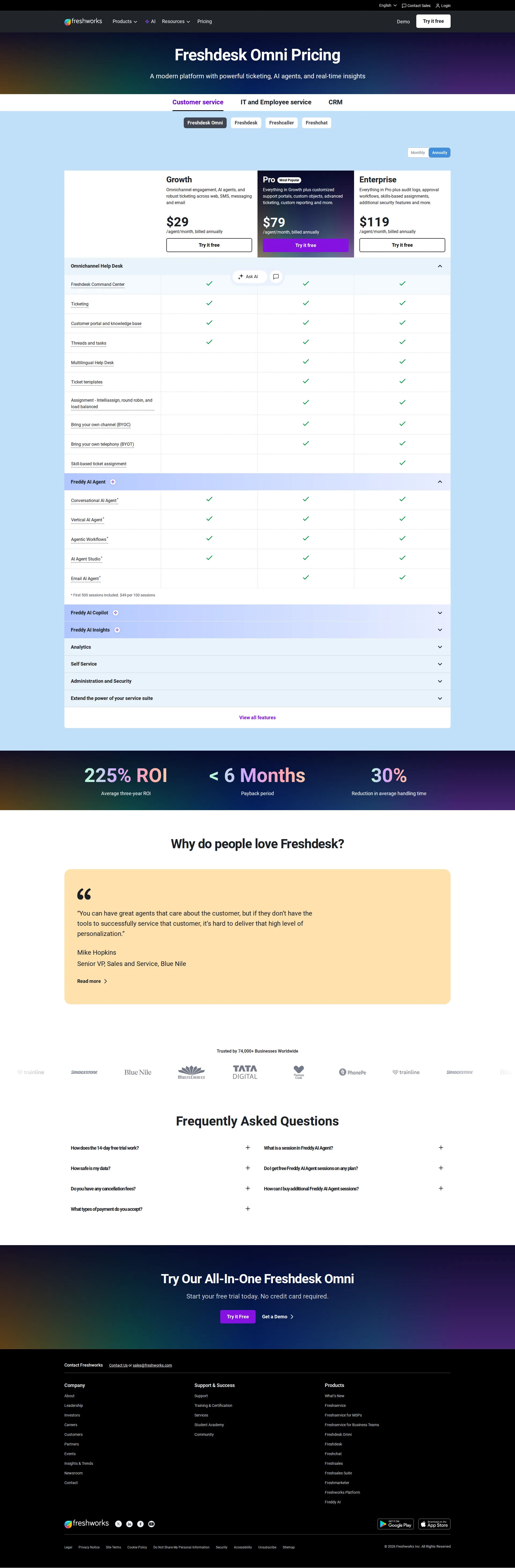 Freshworks CX pricing page screenshot
