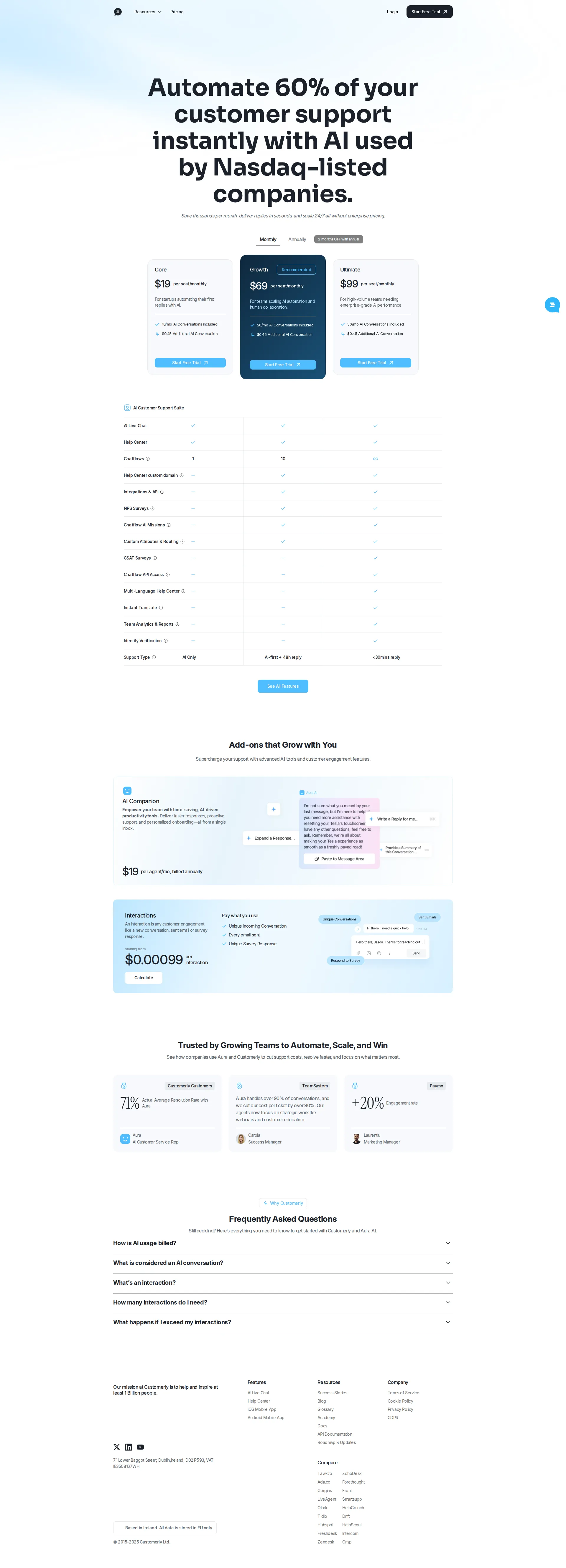 Customerly pricing page screenshot