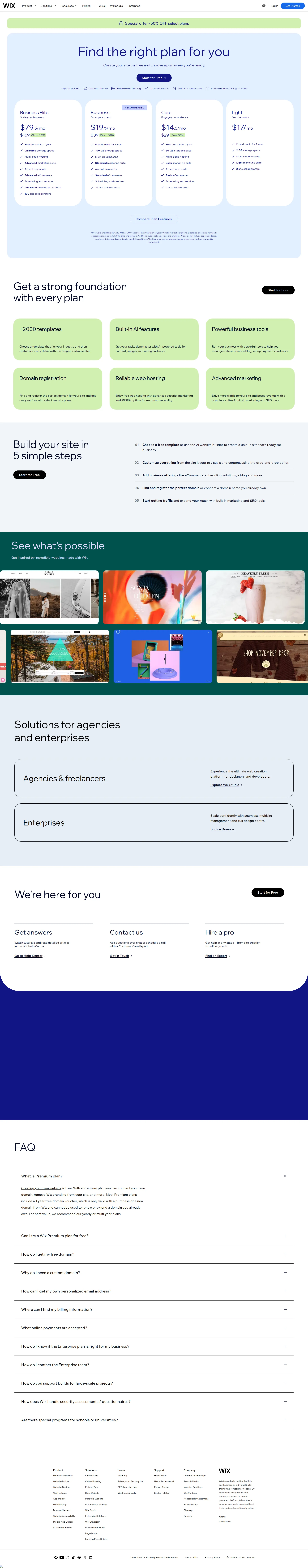 Wix pricing page screenshot
