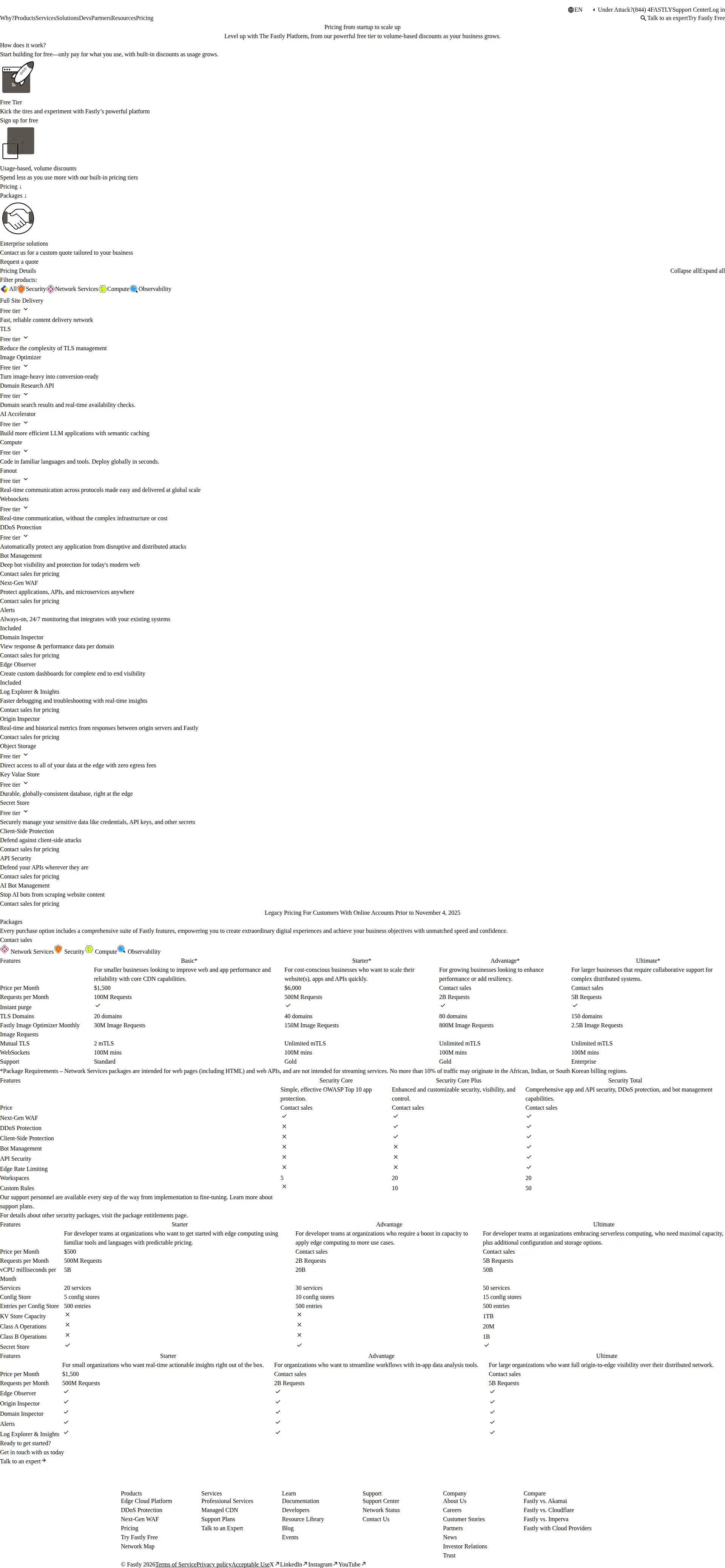 Fastly pricing page screenshot