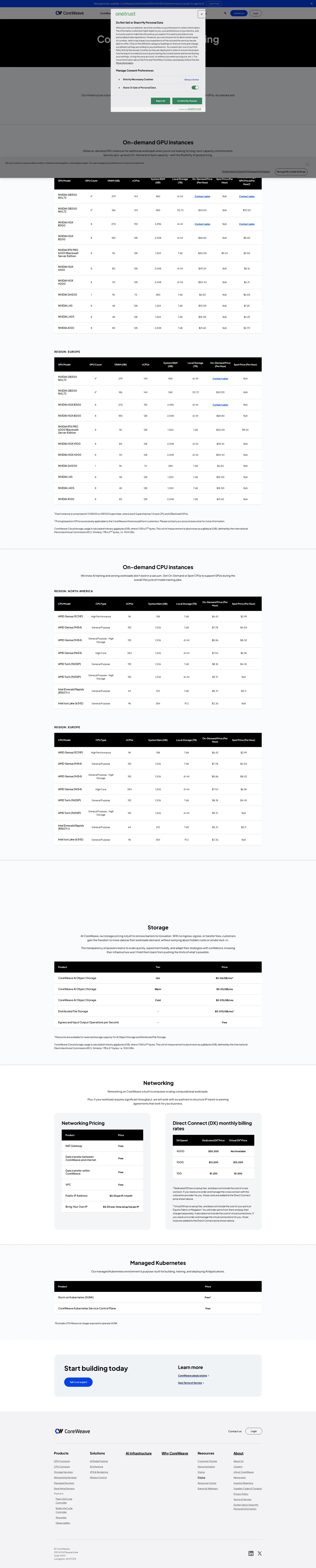 Coreweave pricing page screenshot