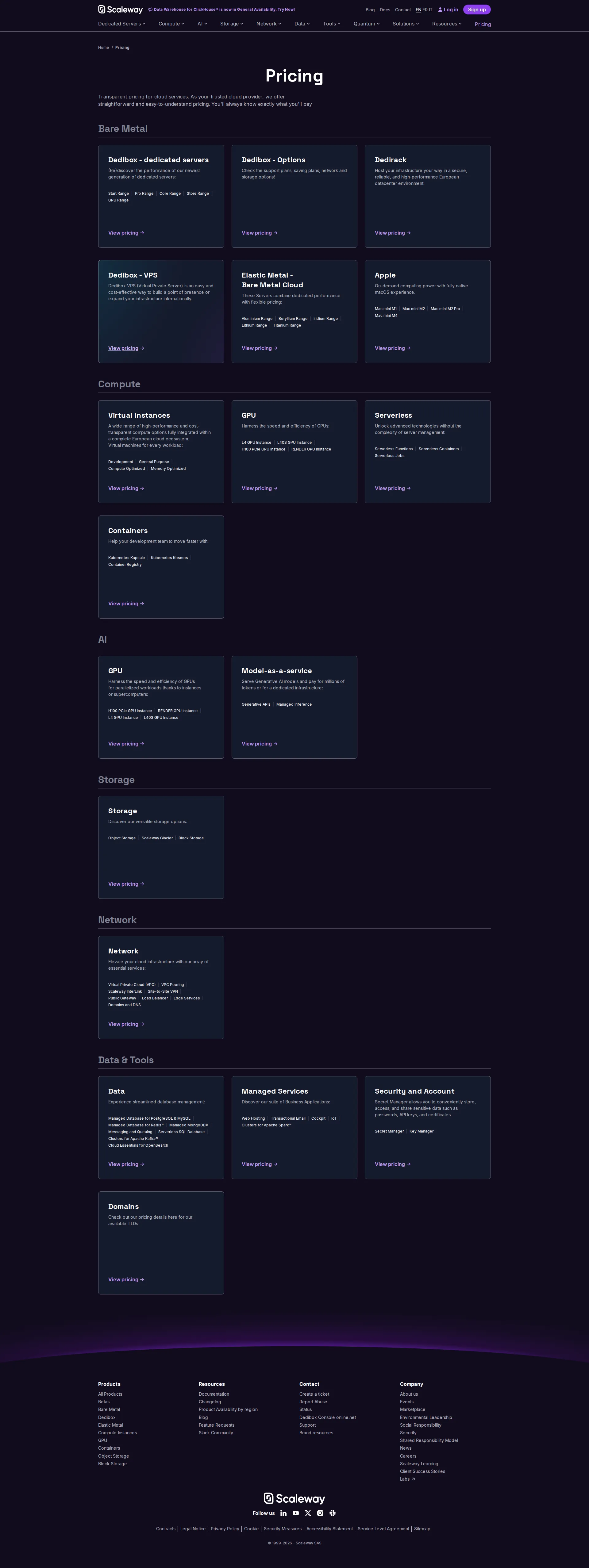 Scaleway pricing page screenshot