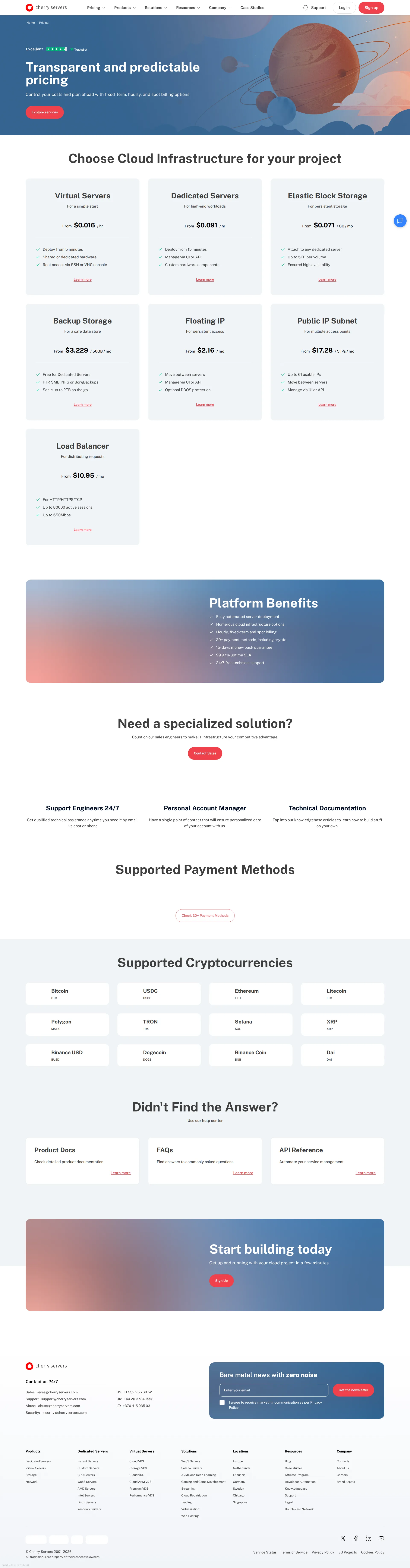 Cherry Servers pricing page screenshot