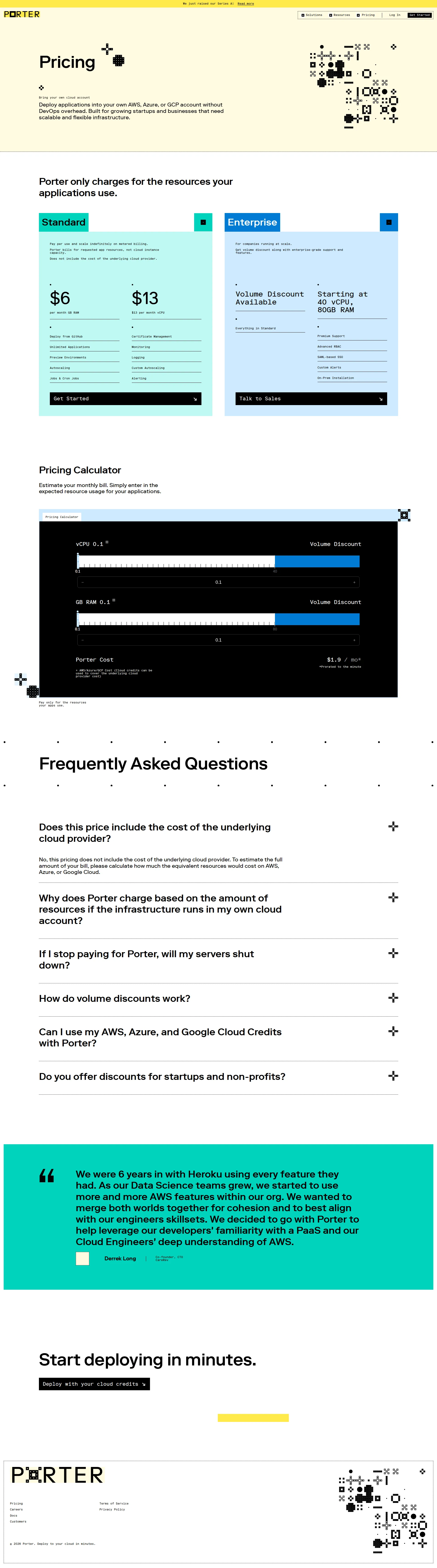 Porter Cloud pricing page screenshot