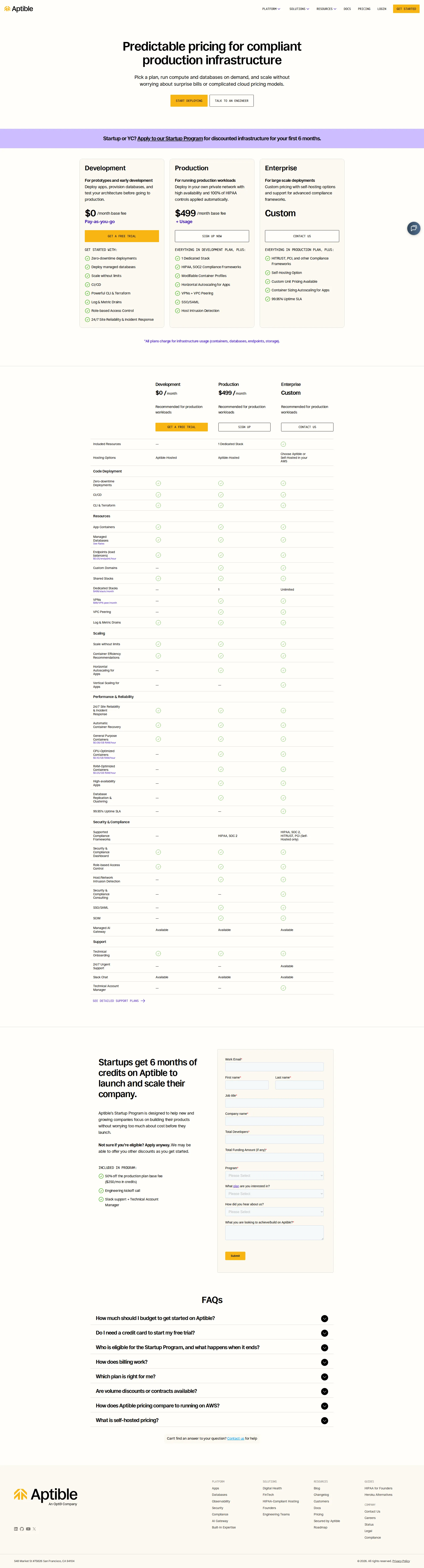 Aptible pricing page screenshot