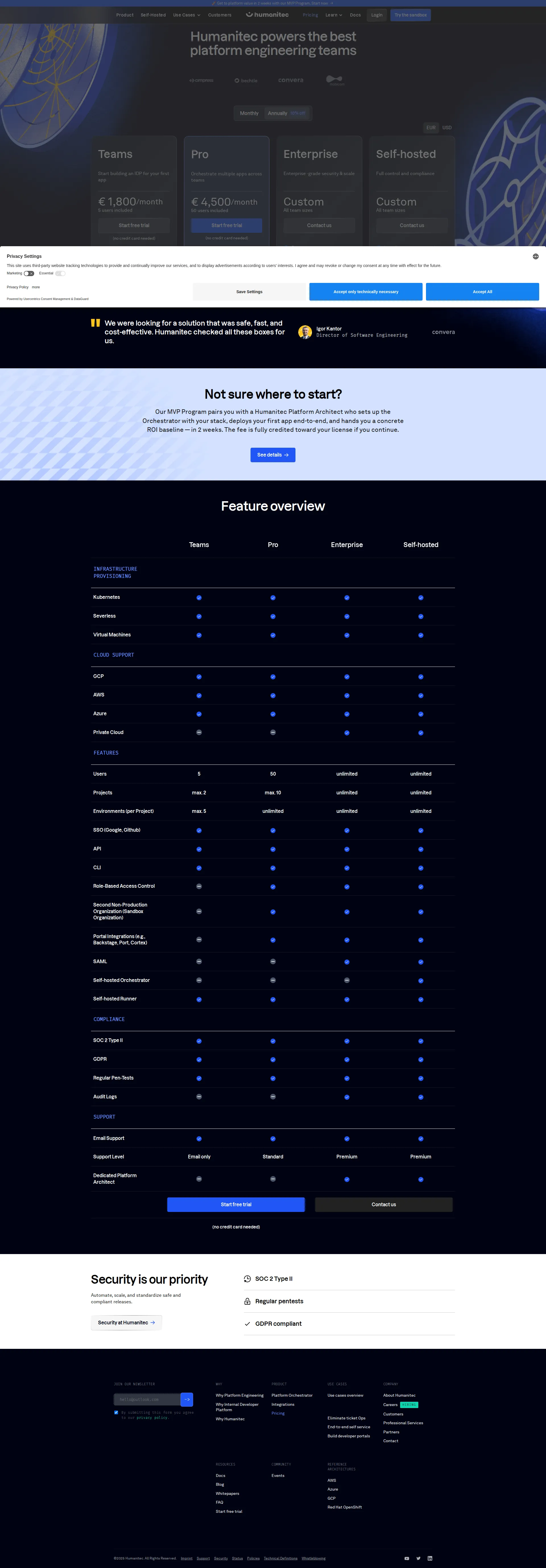 Humanitec pricing page screenshot