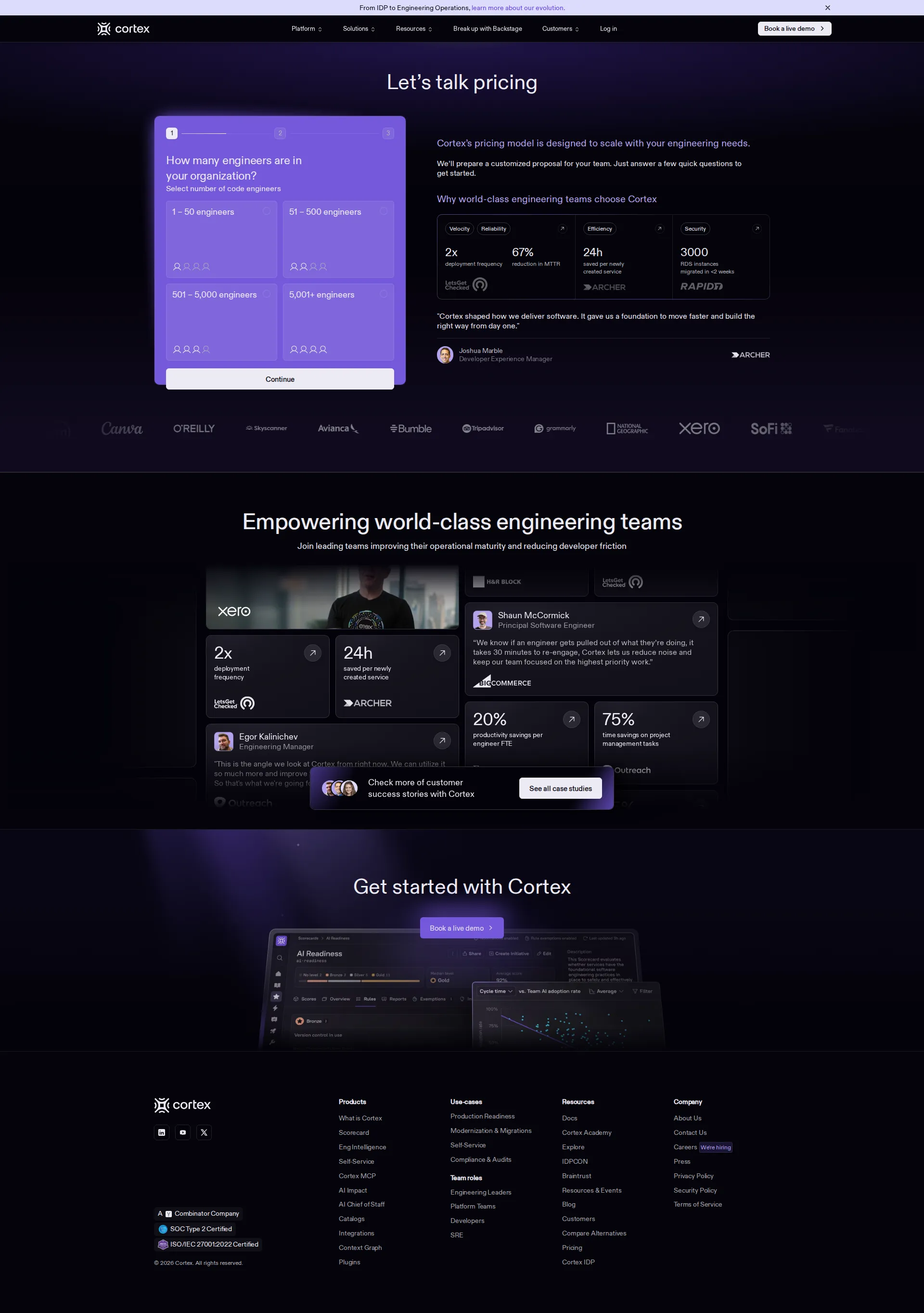 Cortex pricing page screenshot