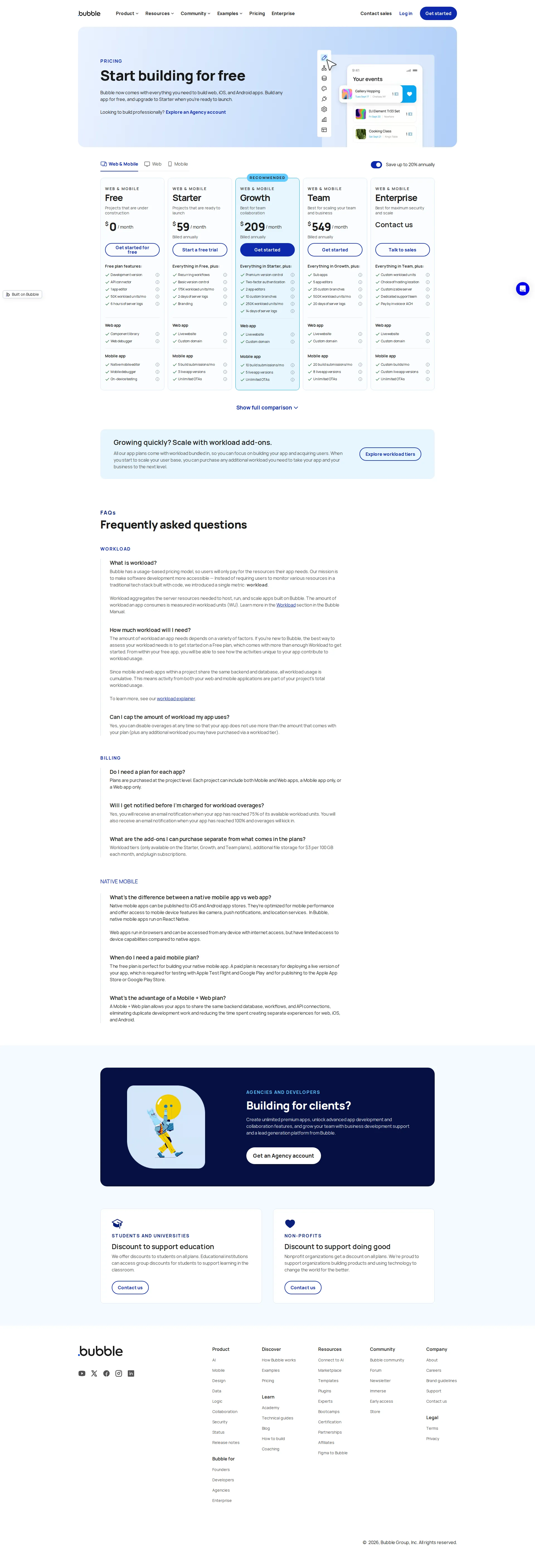 Bubble pricing page screenshot