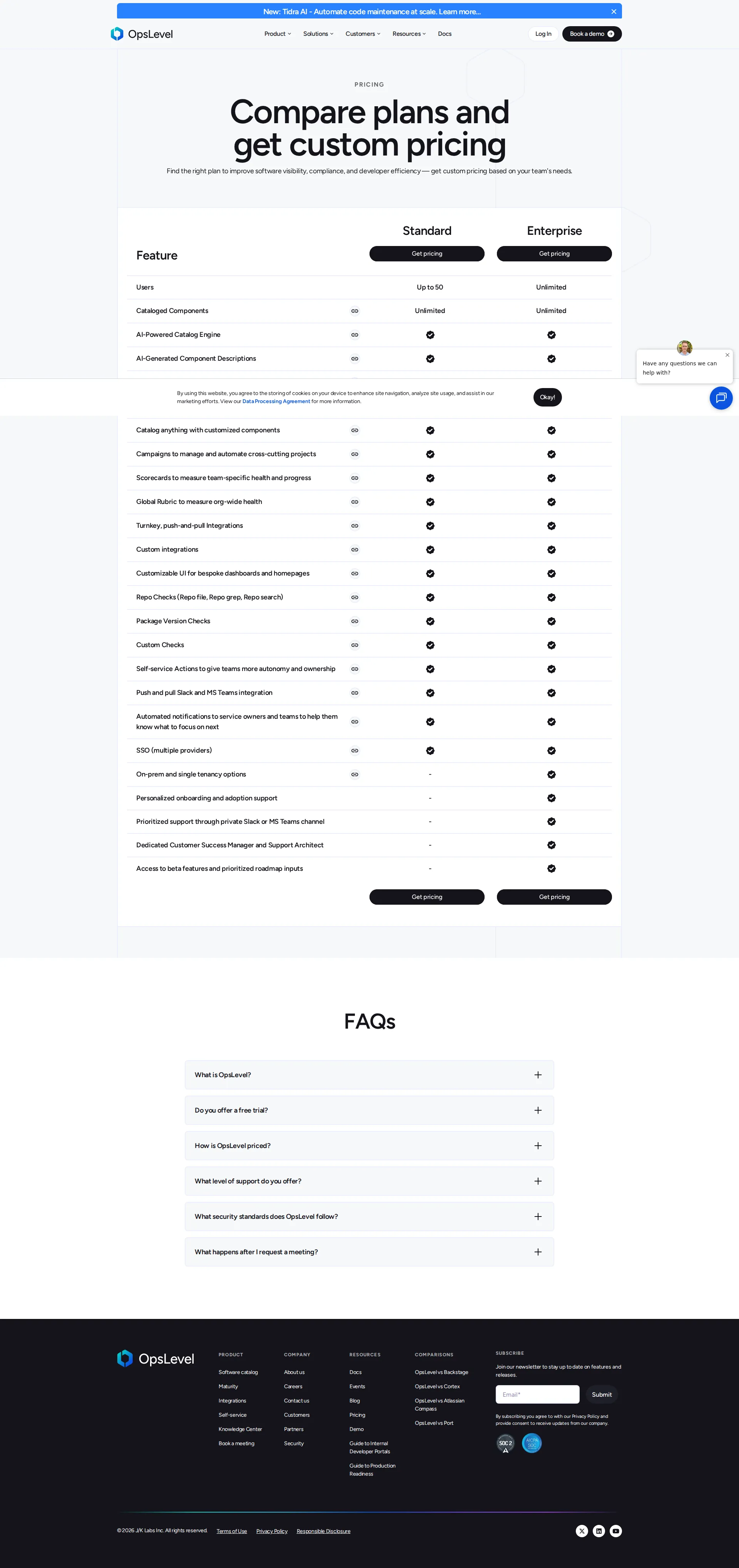 OpsLevel pricing page screenshot