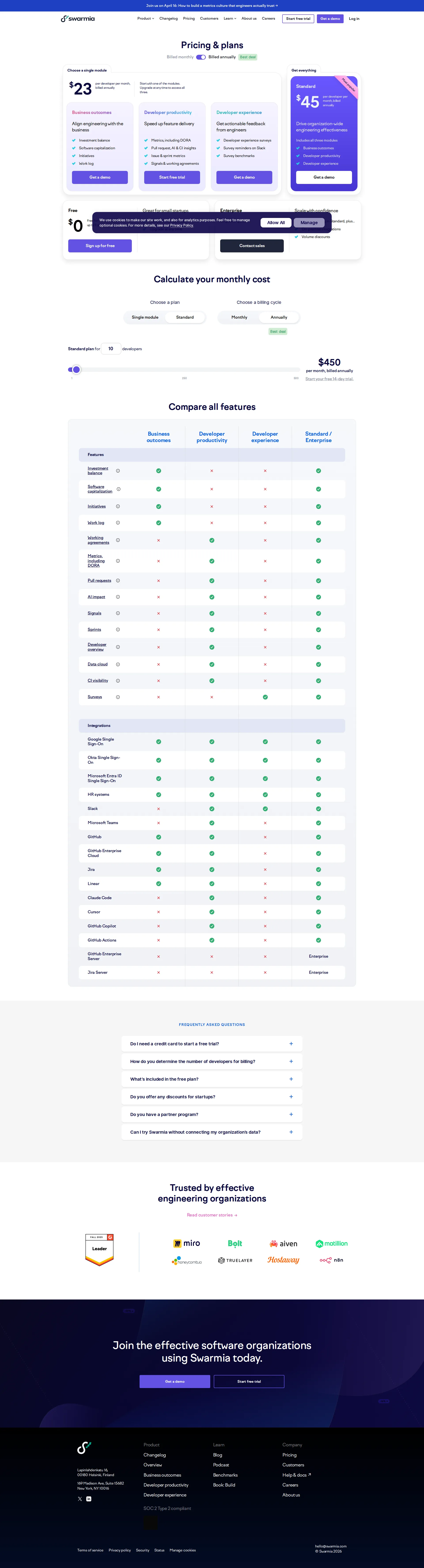 Swarmia pricing page screenshot