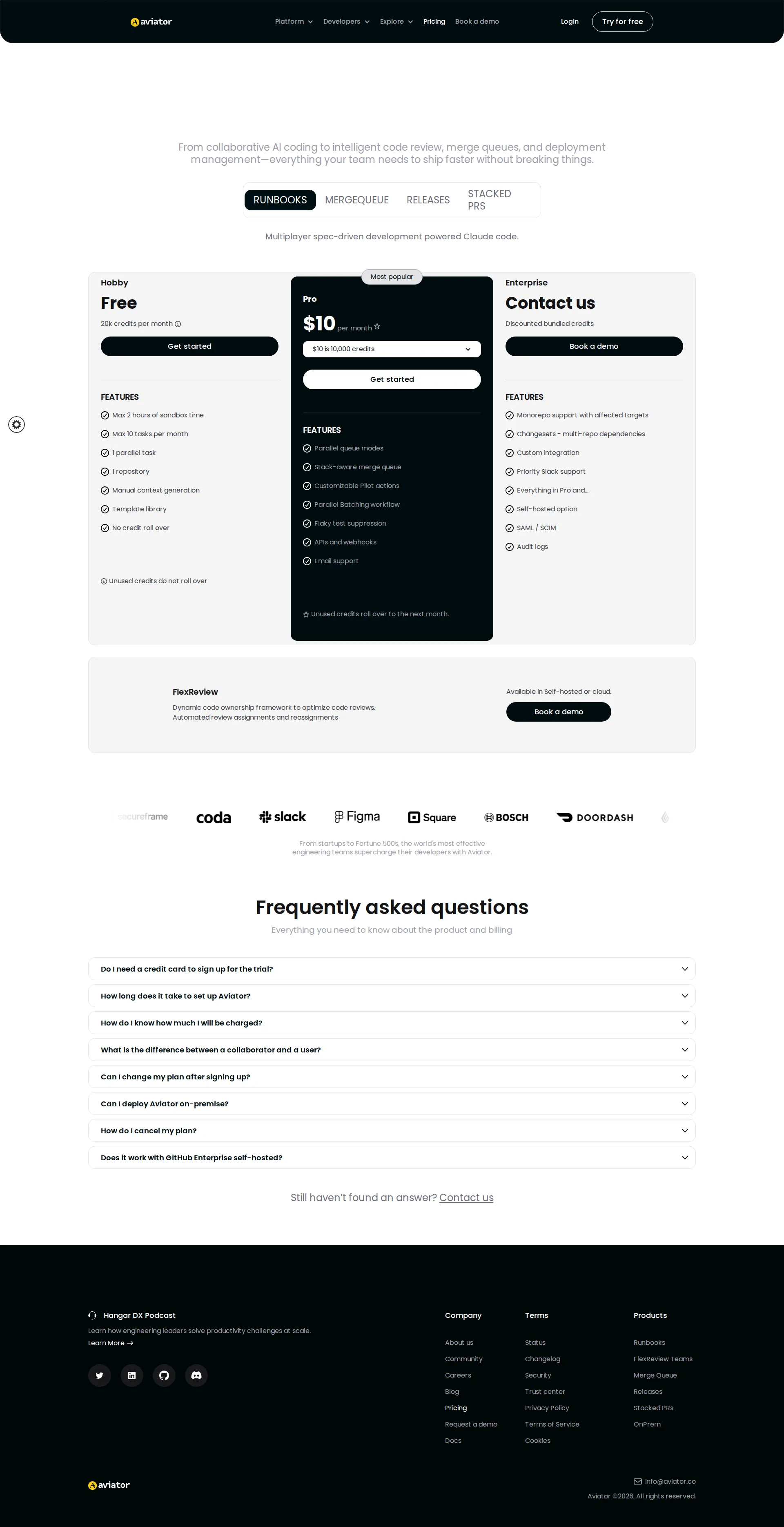 Aviator pricing page screenshot