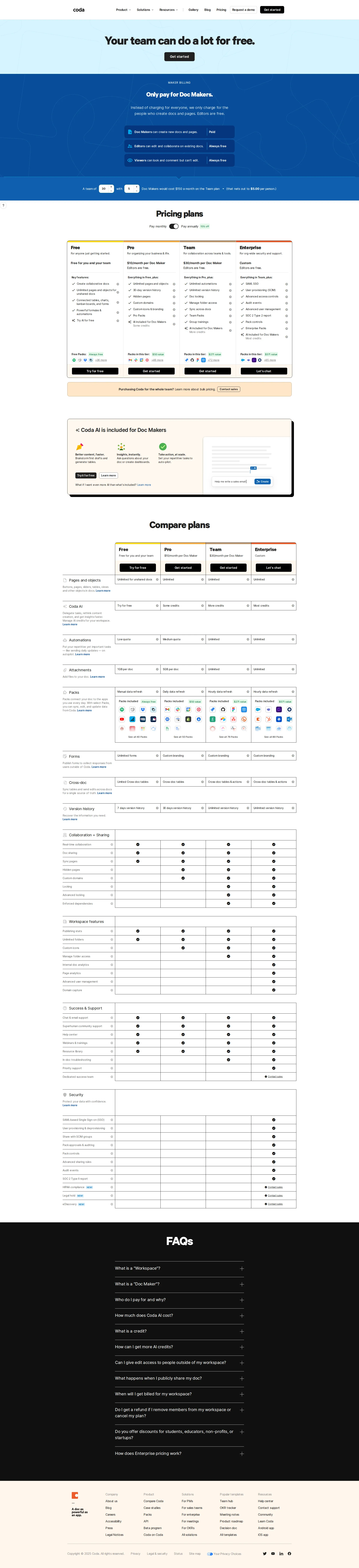 Coda Pro pricing page screenshot