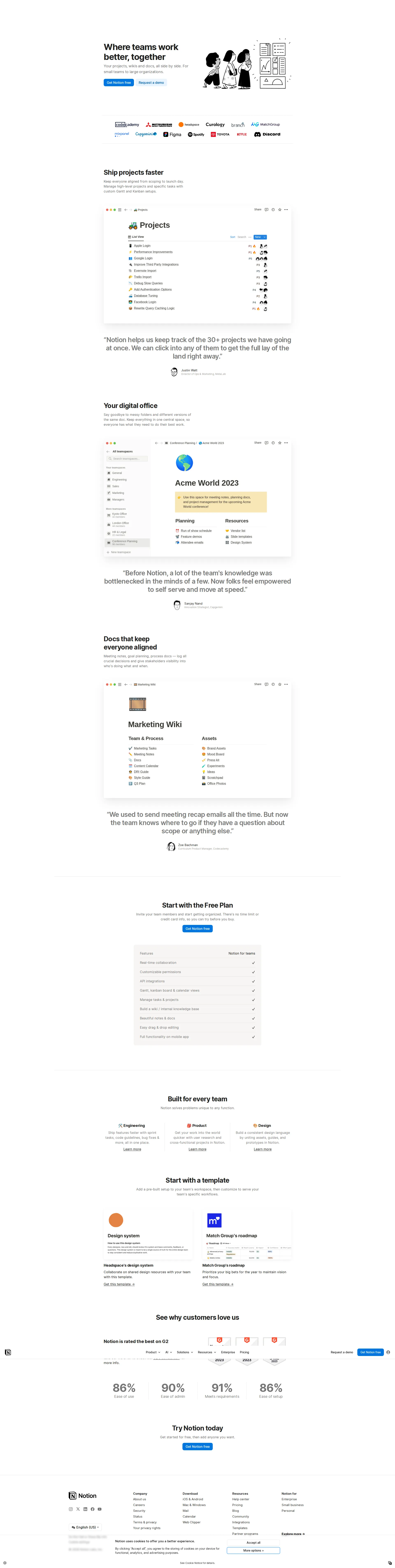 Notion Team pricing page screenshot