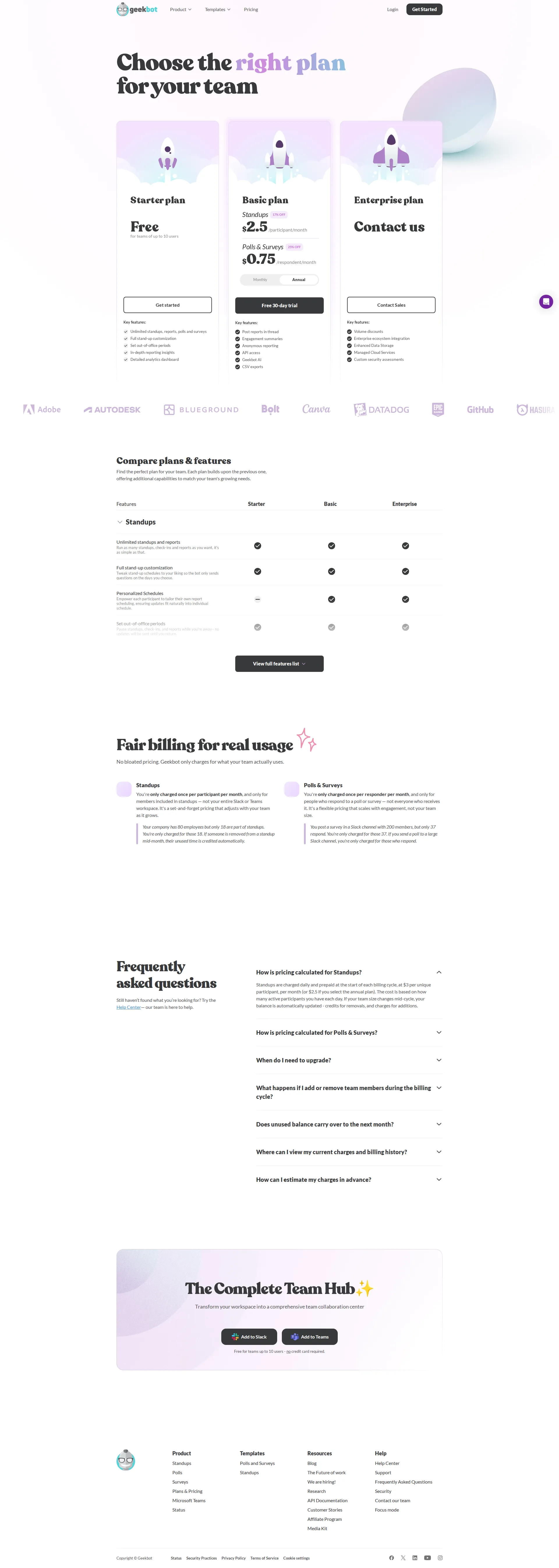 Geekbot pricing page screenshot
