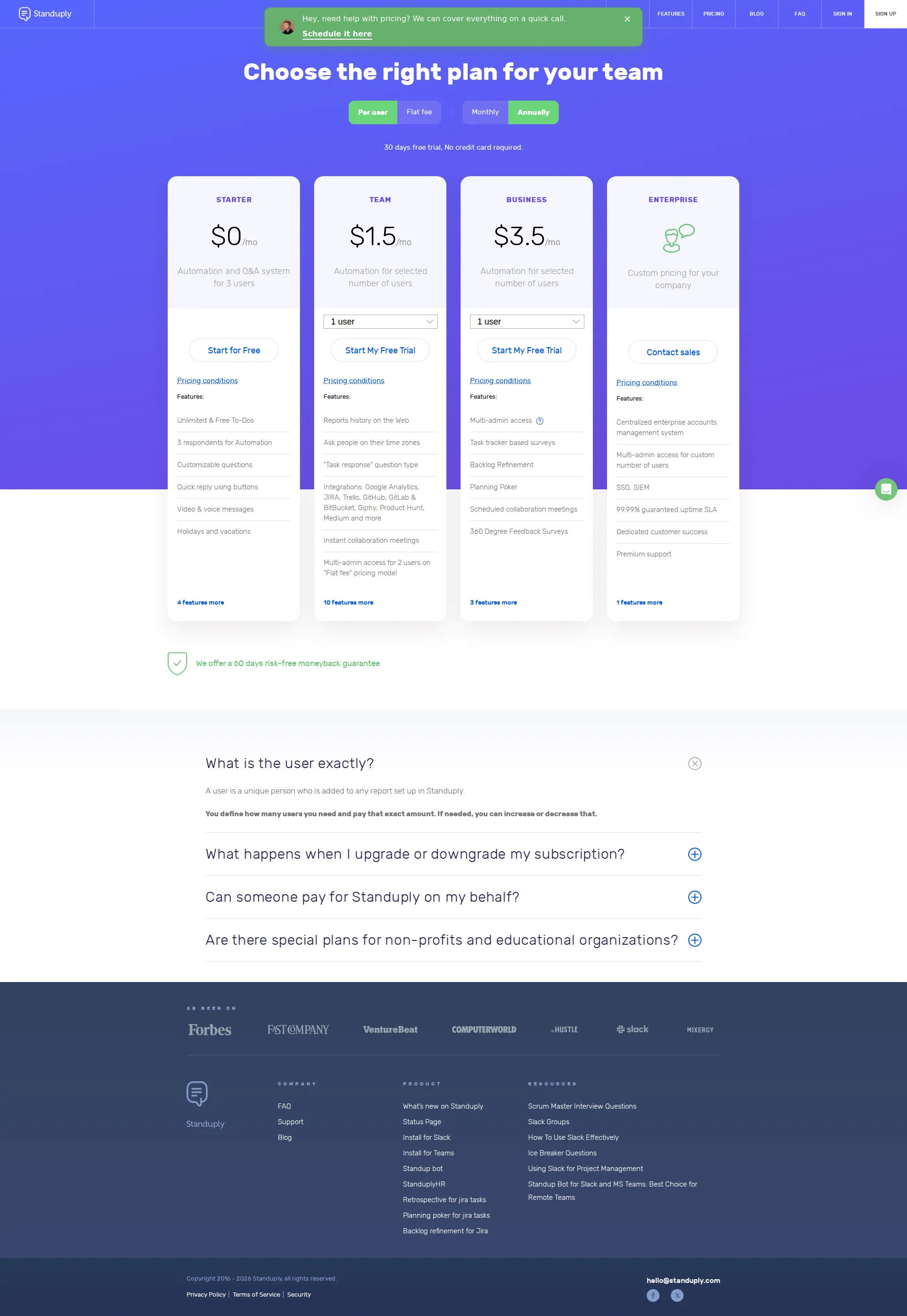 Standuply pricing page screenshot