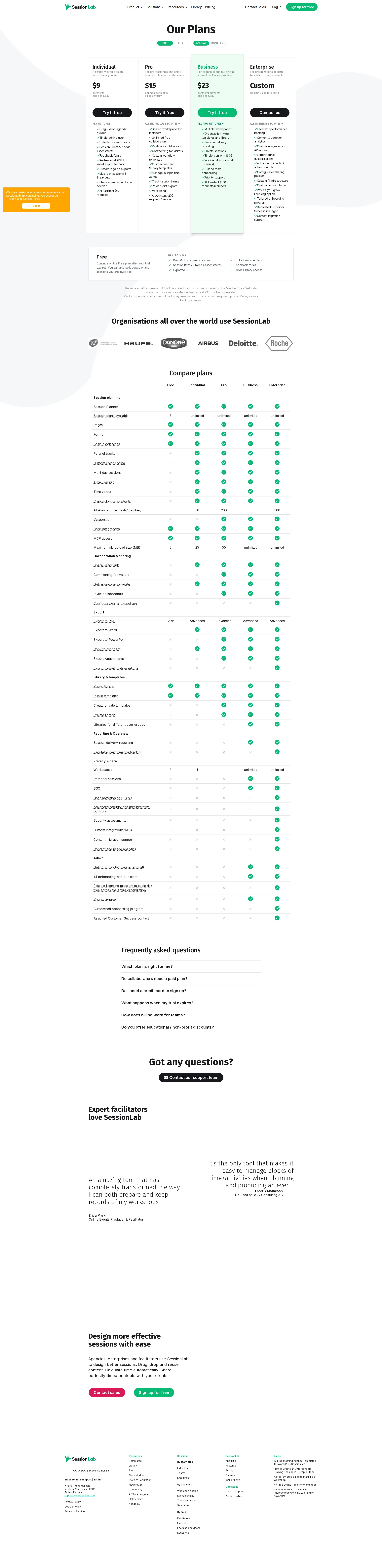 SessionLab pricing page screenshot