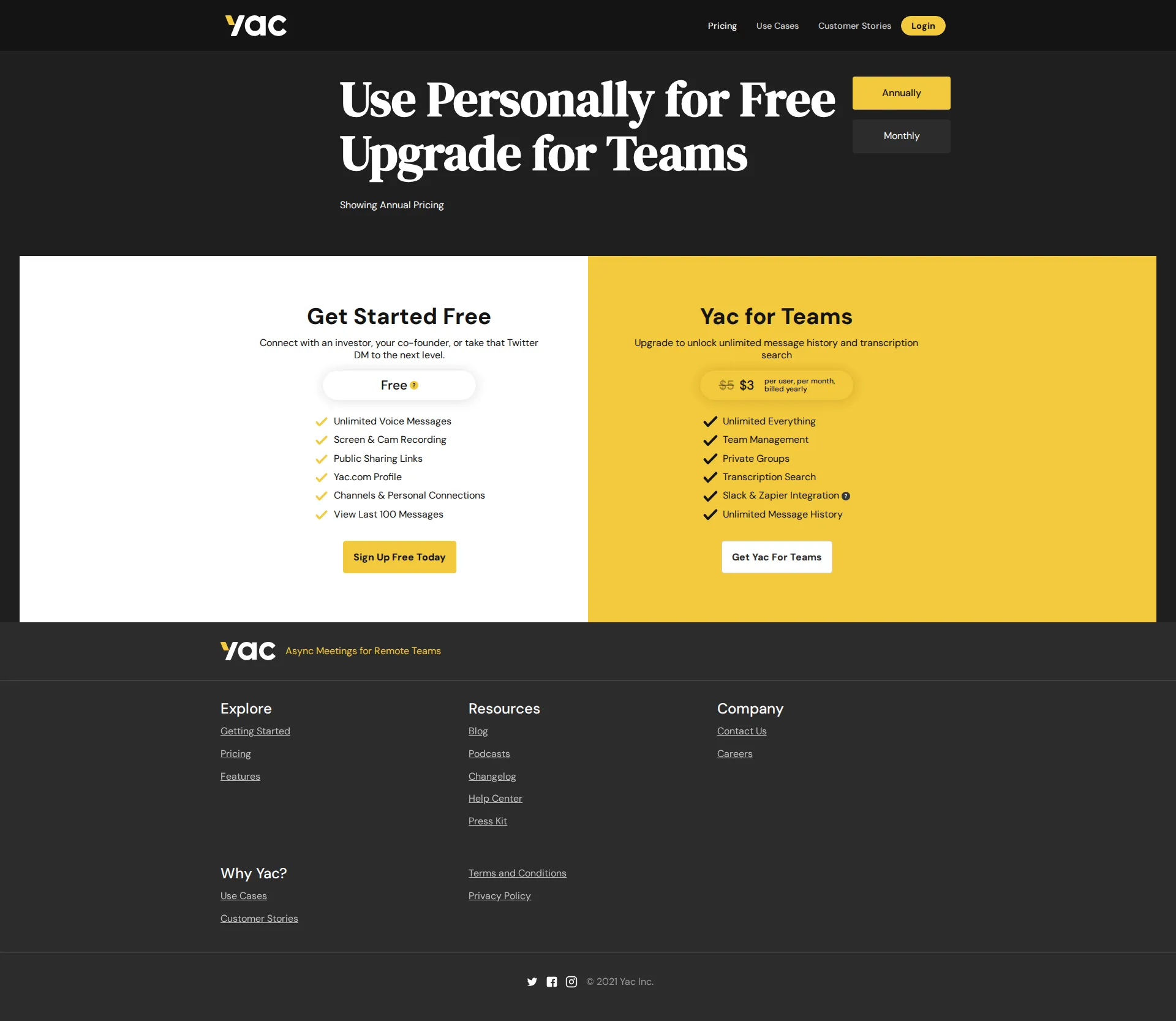 Yac pricing page screenshot