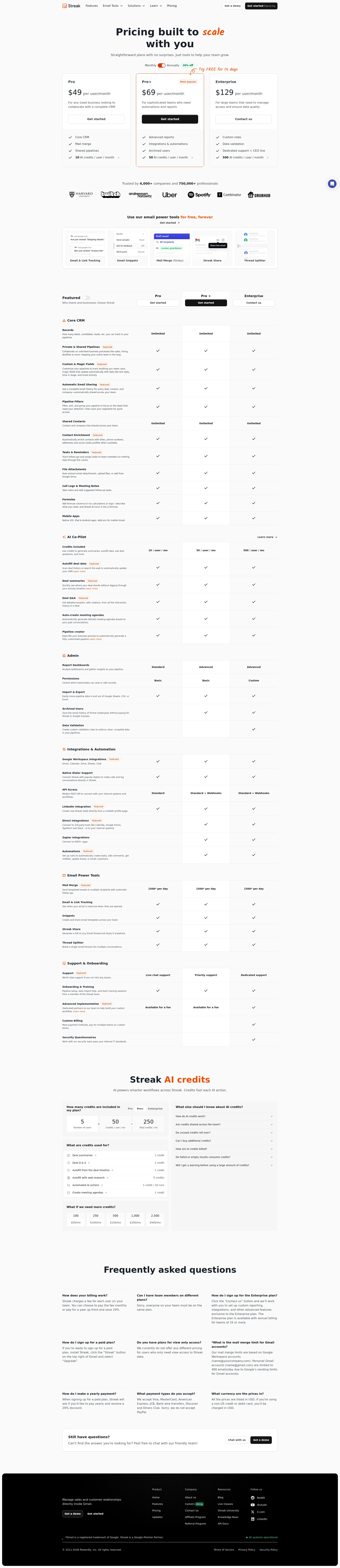 Streak CRM pricing page screenshot