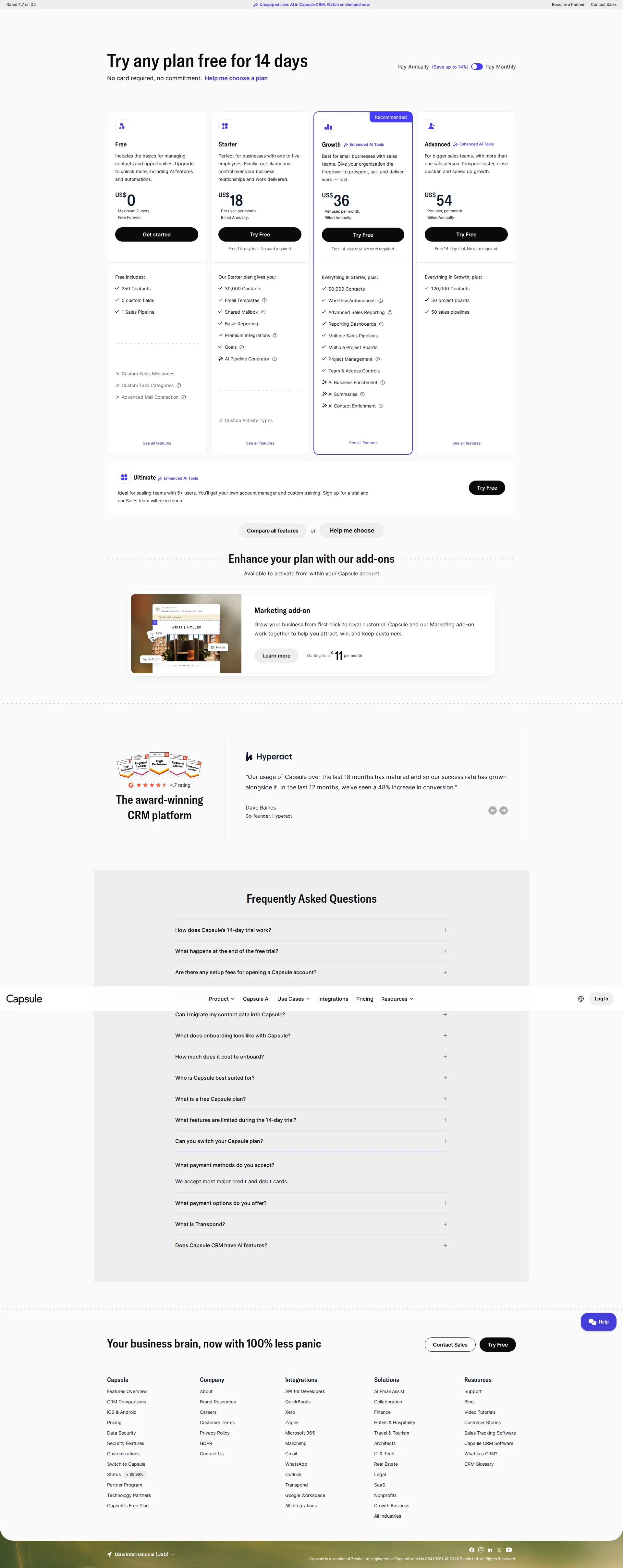 Capsule CRM Pro pricing page screenshot