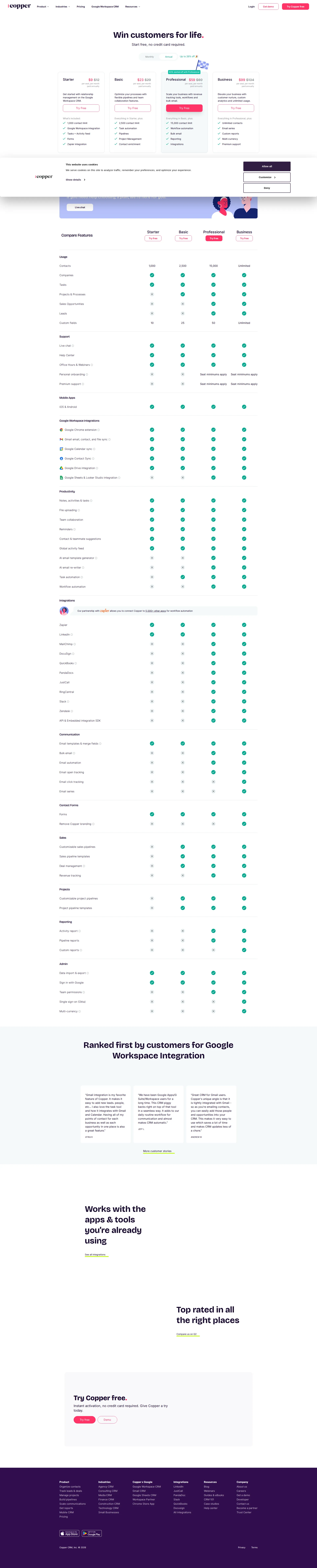 Copper CRM pricing page screenshot
