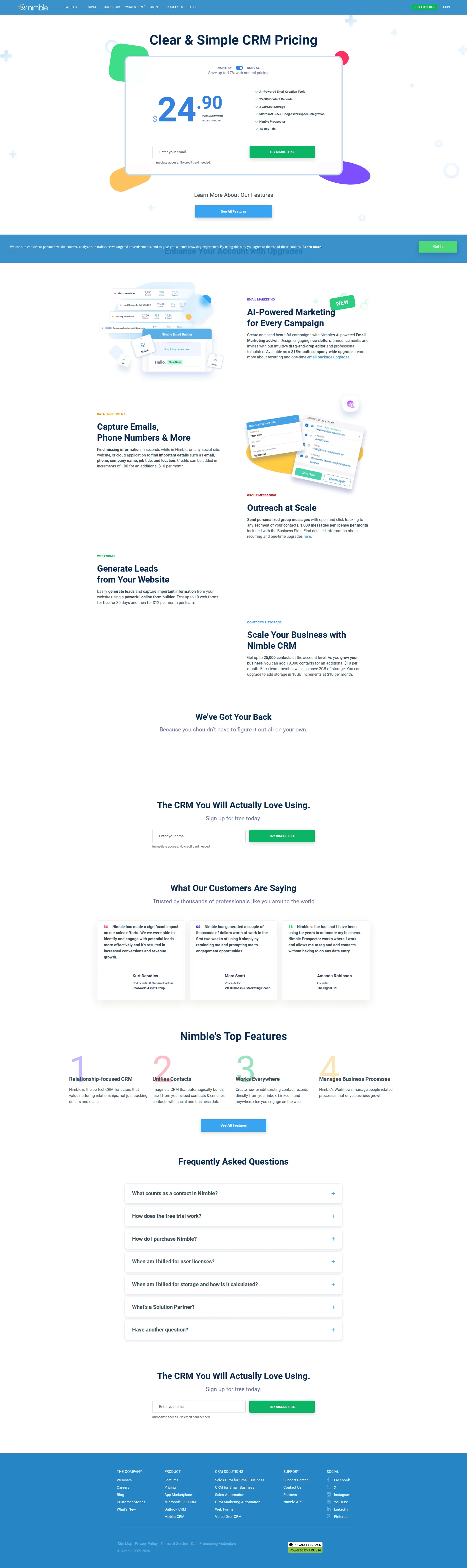 Nimble CRM pricing page screenshot
