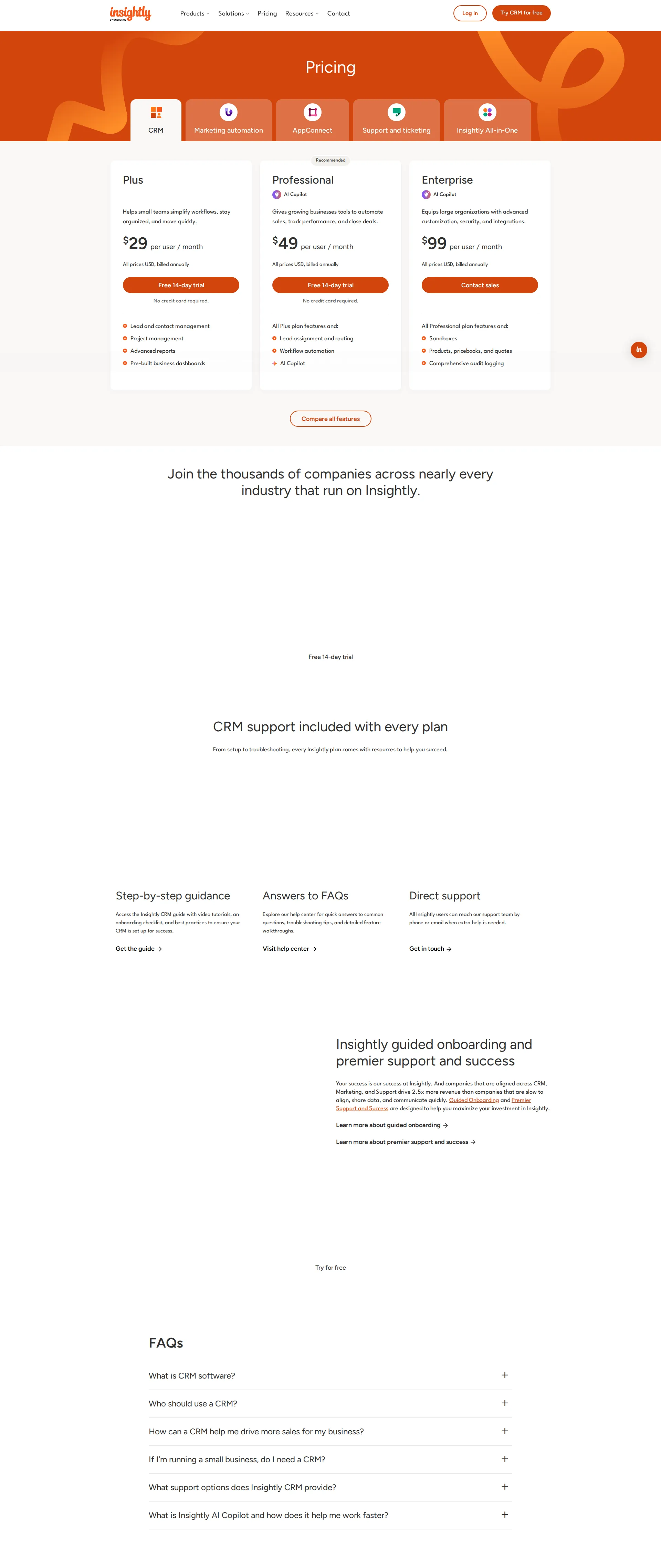 Insightly CRM pricing page screenshot