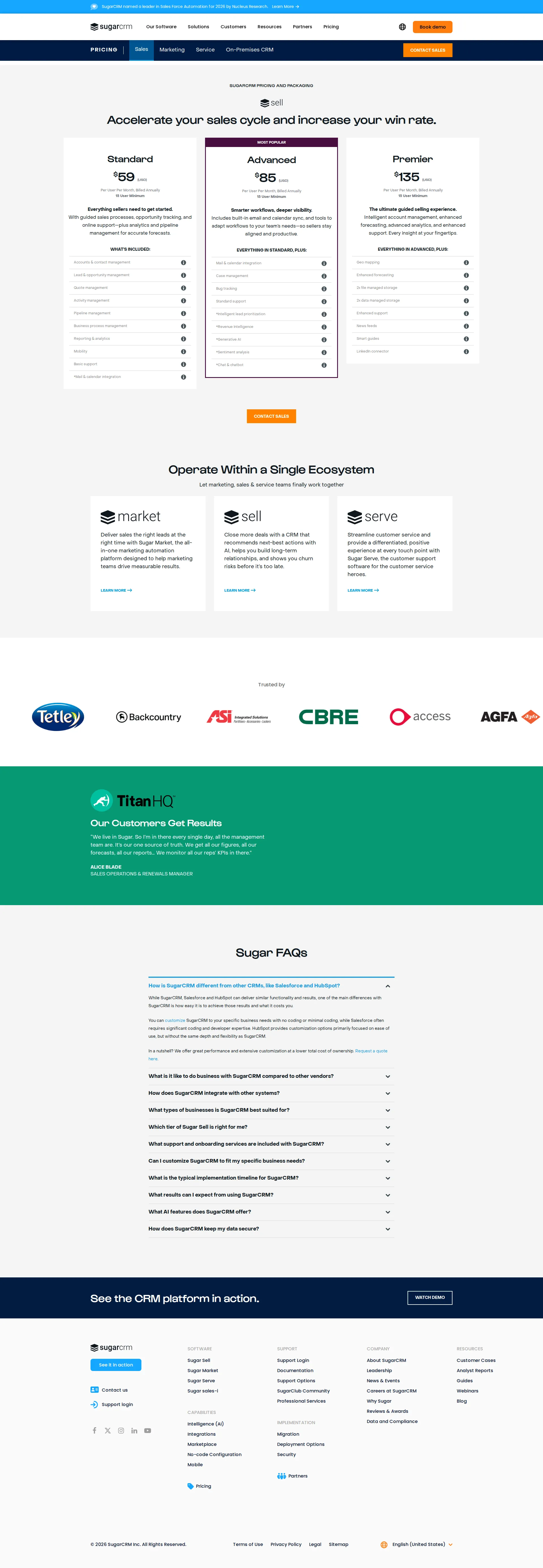 SugarCRM Pro pricing page screenshot