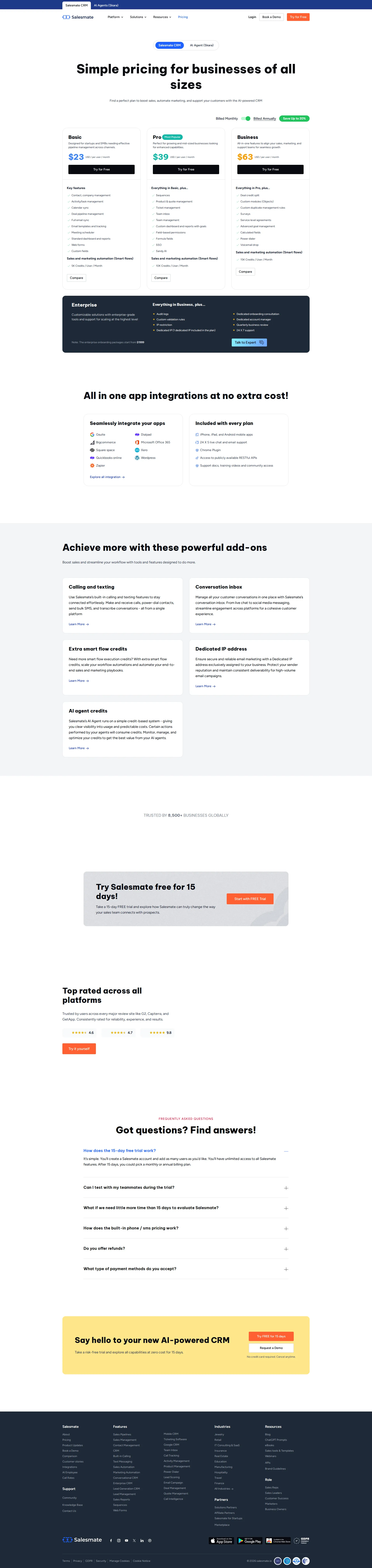 Salesmate pricing page screenshot