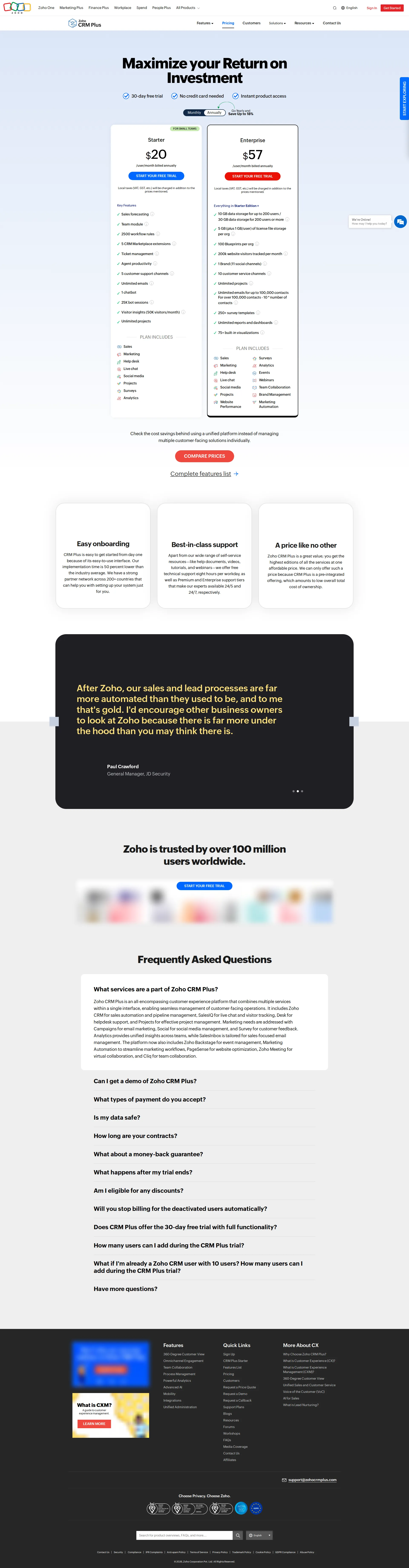 Zoho CRM Plus pricing page screenshot