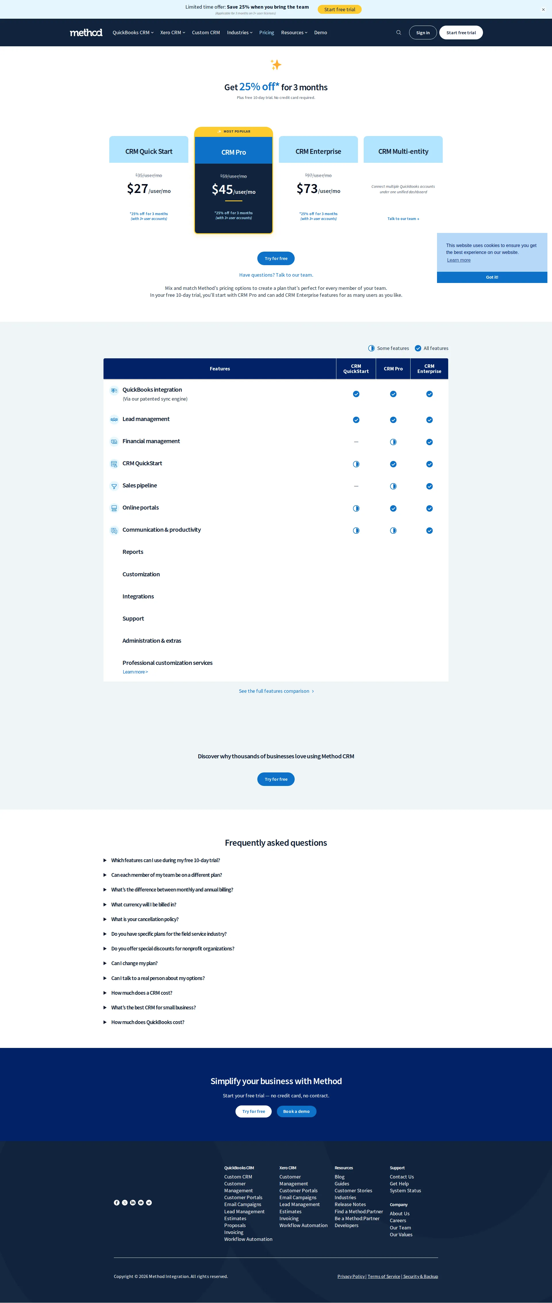 Method CRM pricing page screenshot
