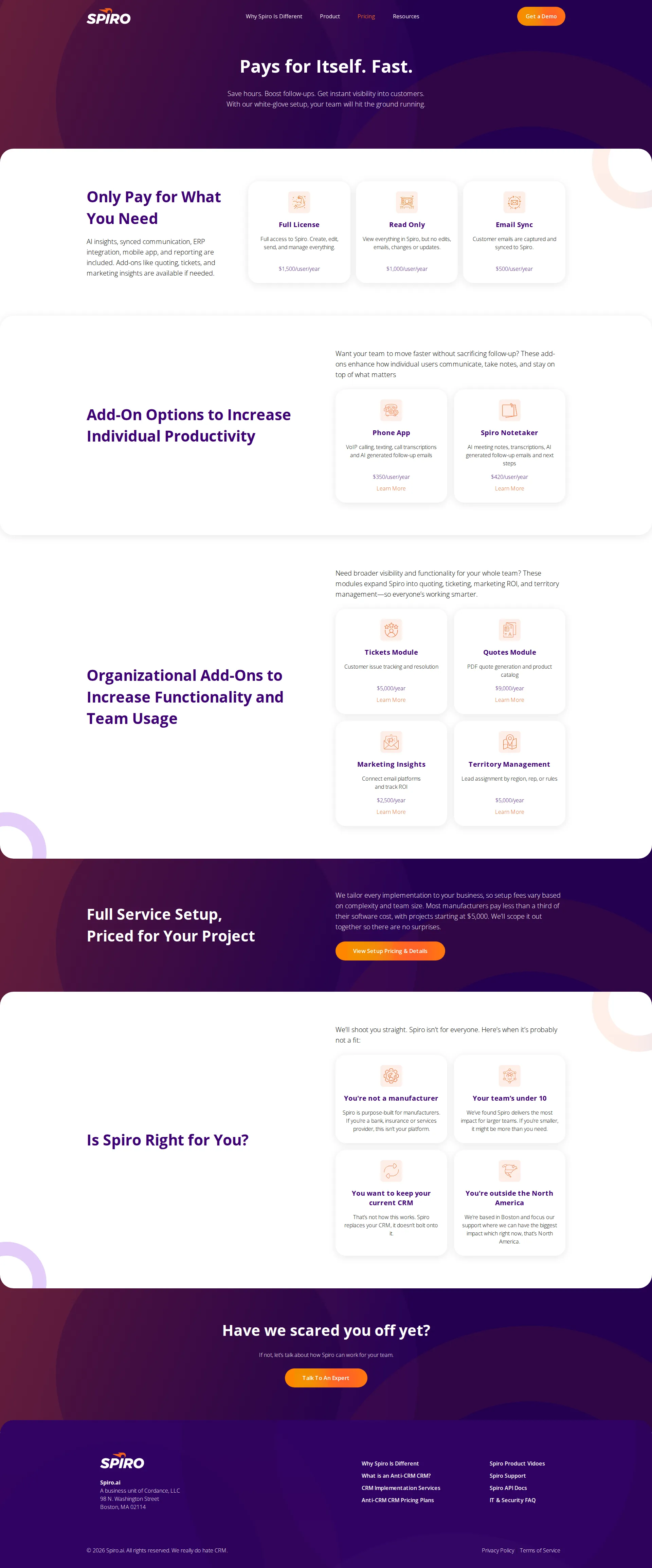 Spiro AI CRM pricing page screenshot