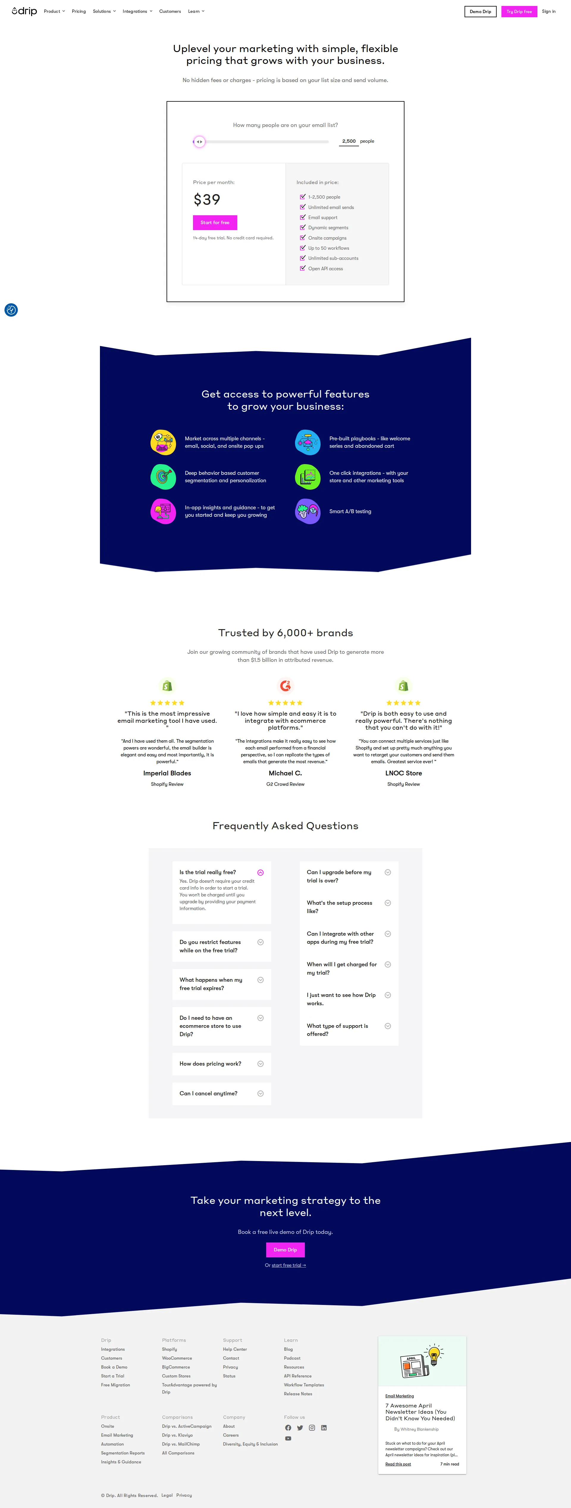 Drip Ecommerce pricing page screenshot