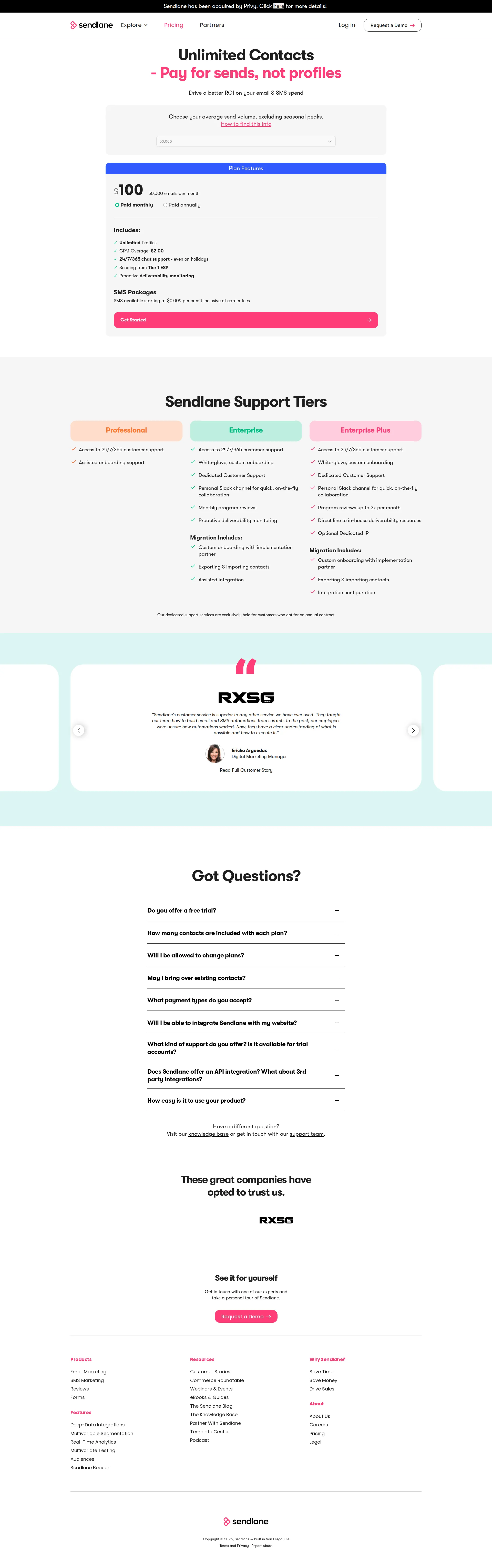 Sendlane pricing page screenshot
