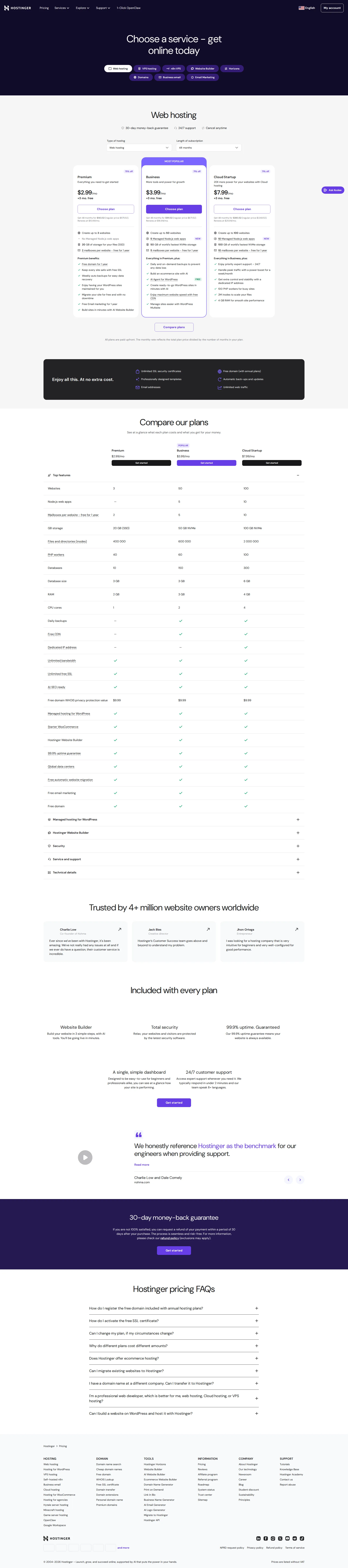 Hostinger Website Builder pricing page screenshot