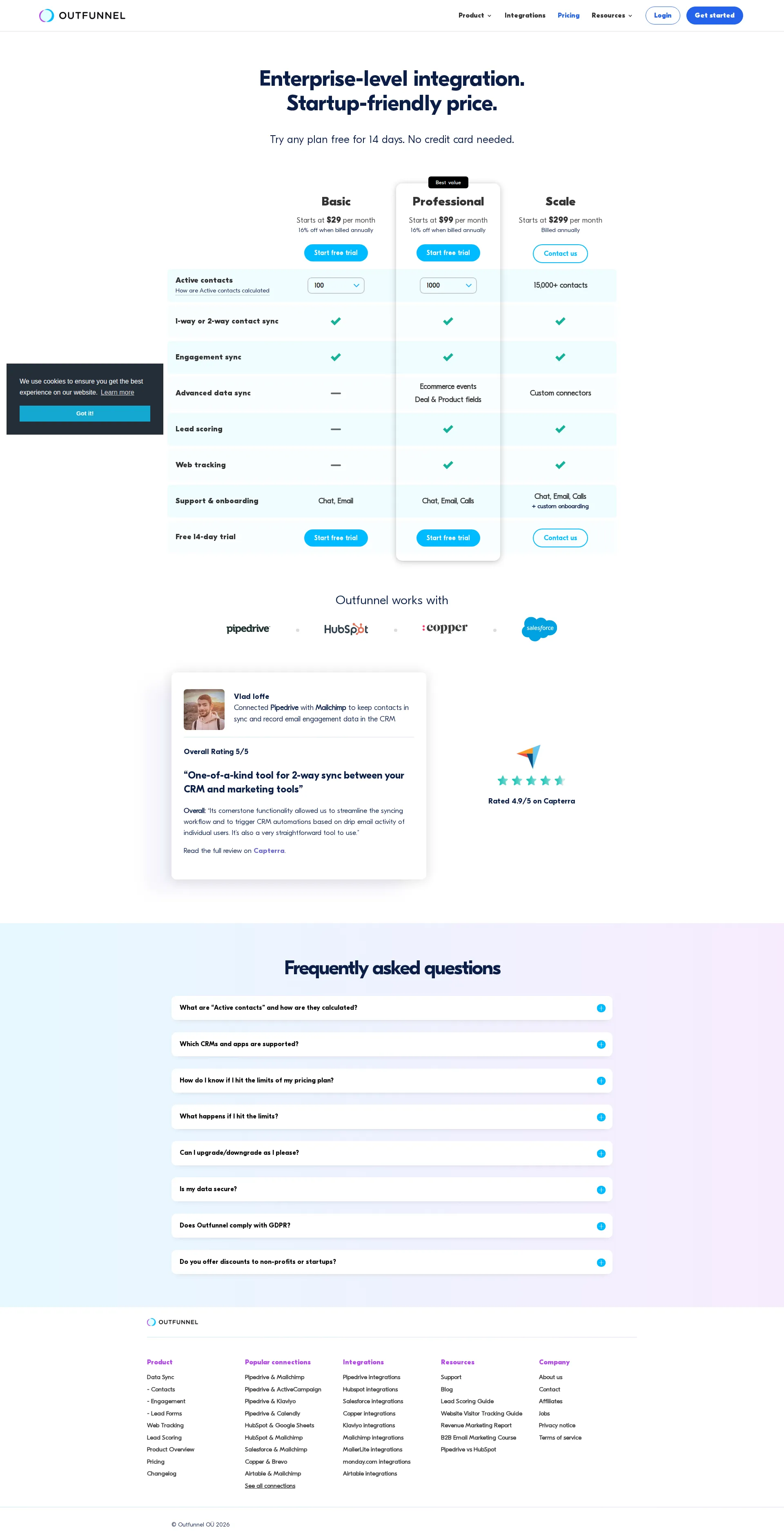 Outfunnel pricing page screenshot