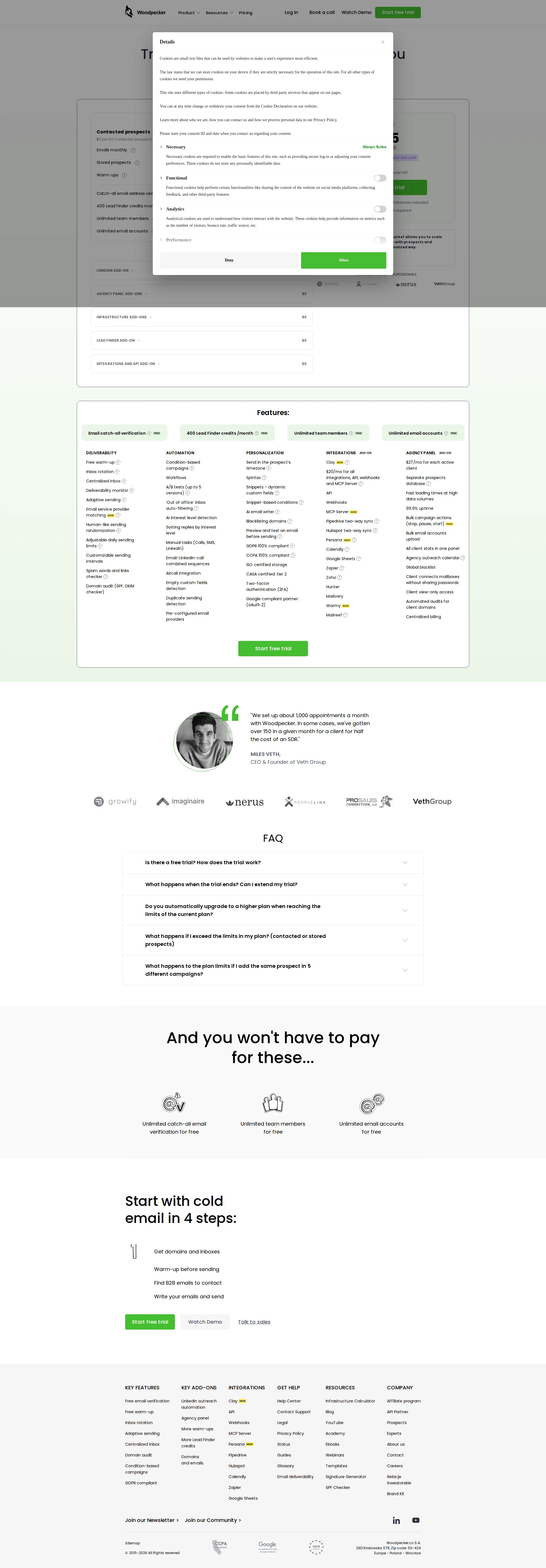Woodpecker Cold Email pricing page screenshot