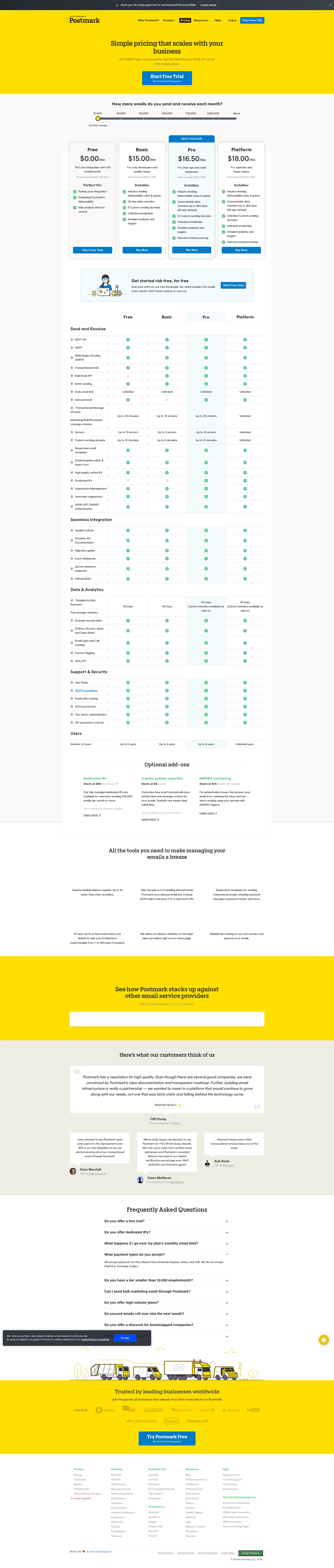 Postmark Marketing pricing page screenshot
