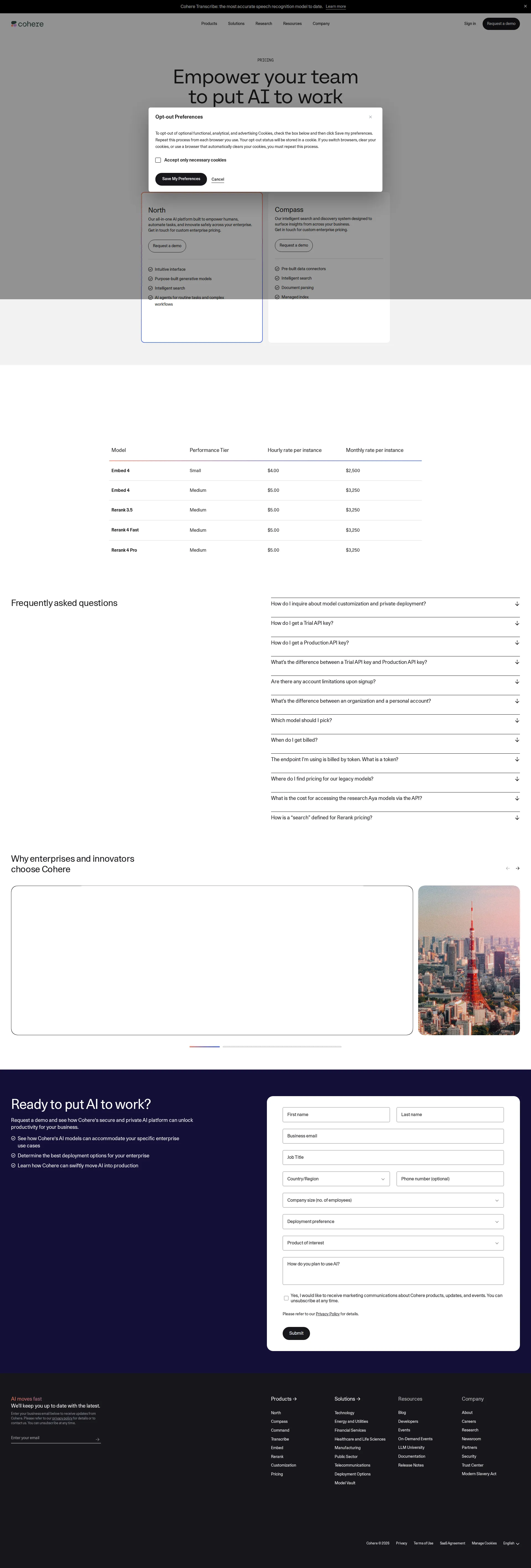 Cohere pricing page screenshot