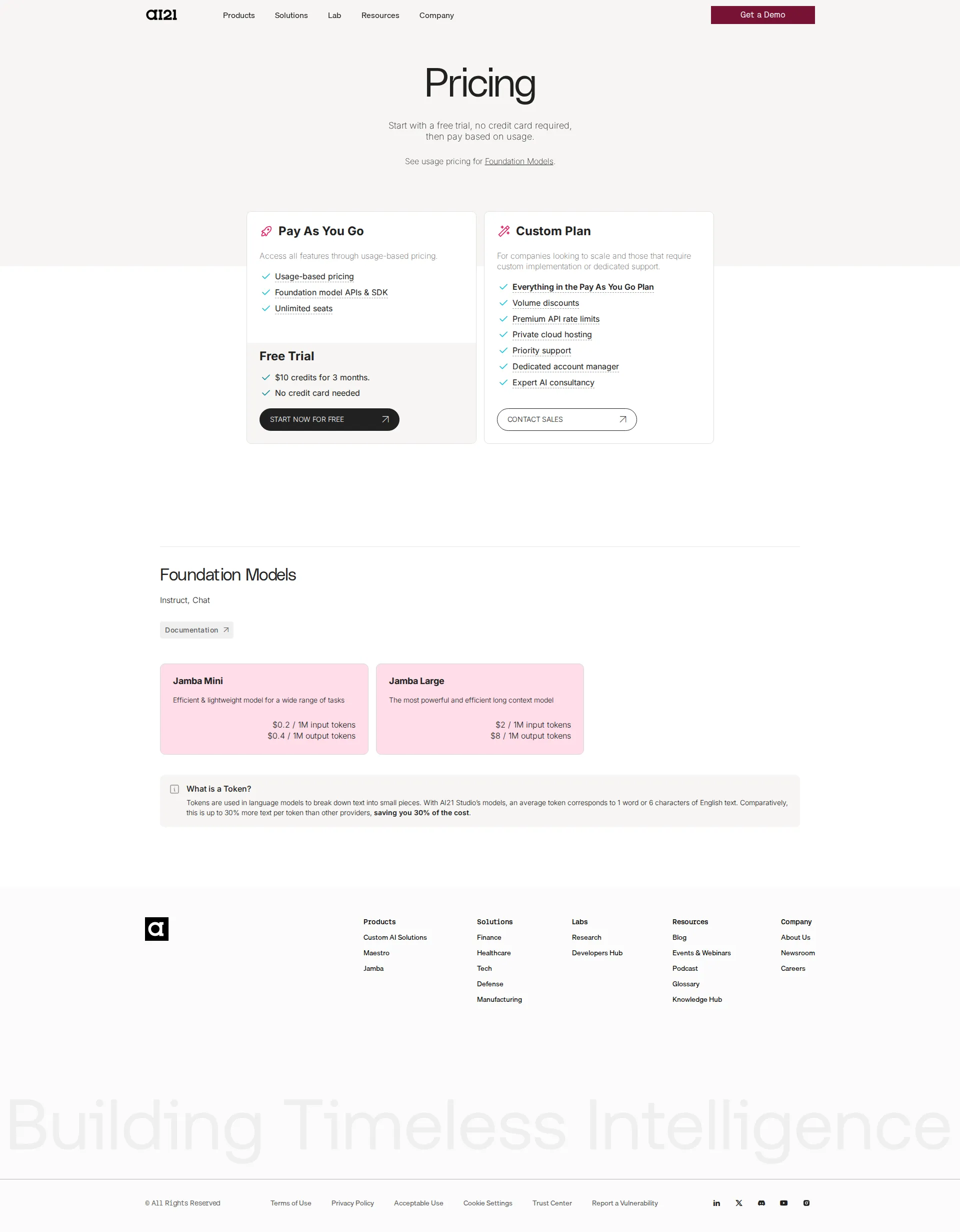 AI21 Labs pricing page screenshot