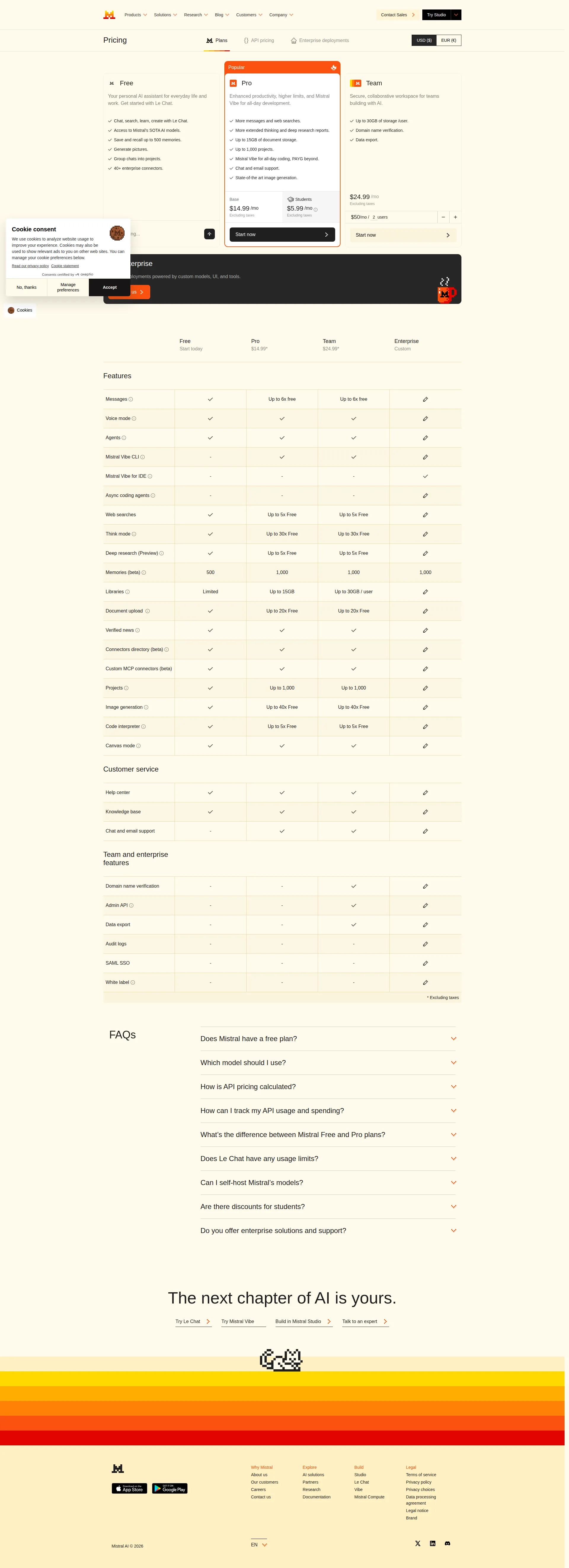 Mistral AI pricing page screenshot