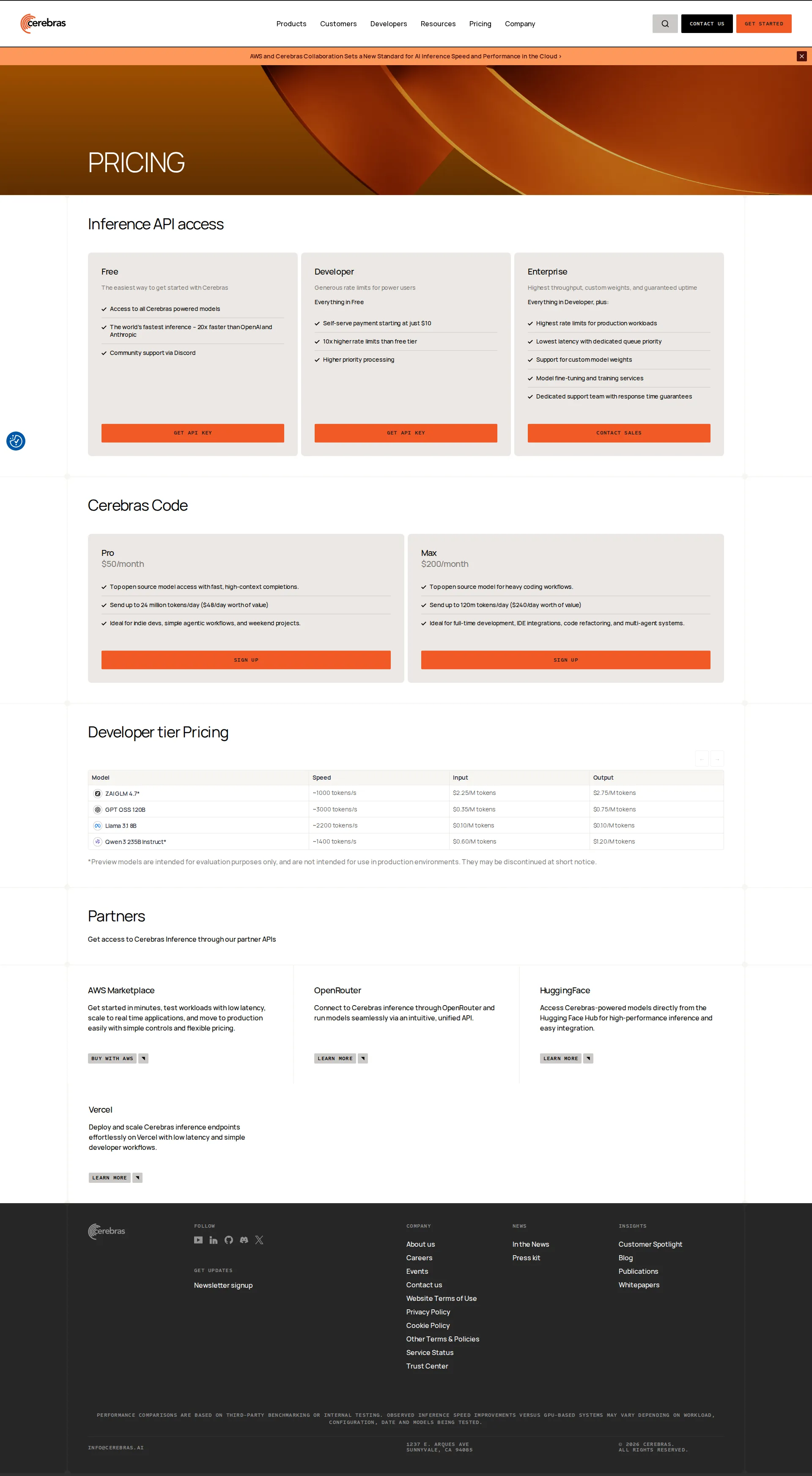 Cerebras AI pricing page screenshot