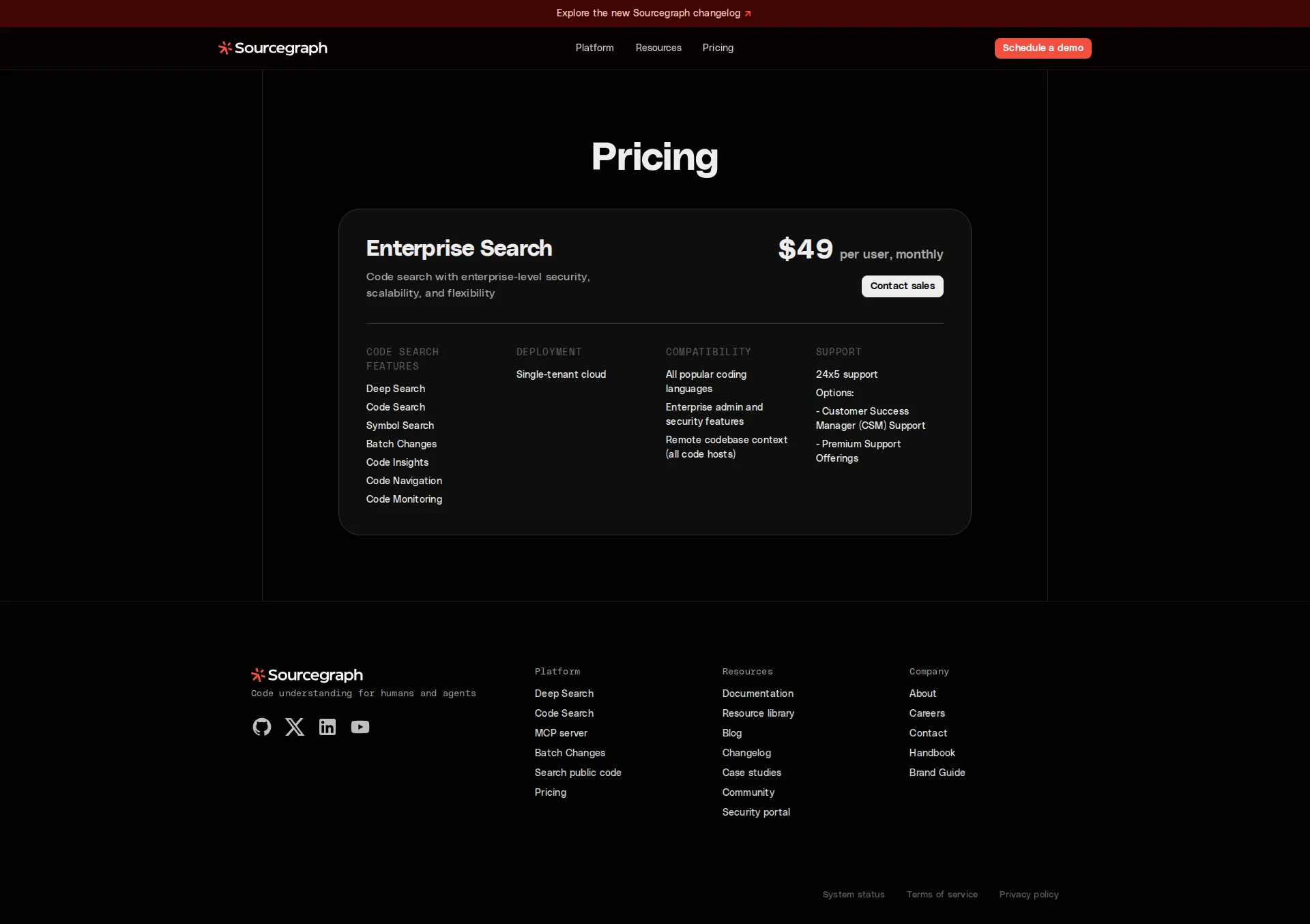 Sourcegraph pricing page screenshot