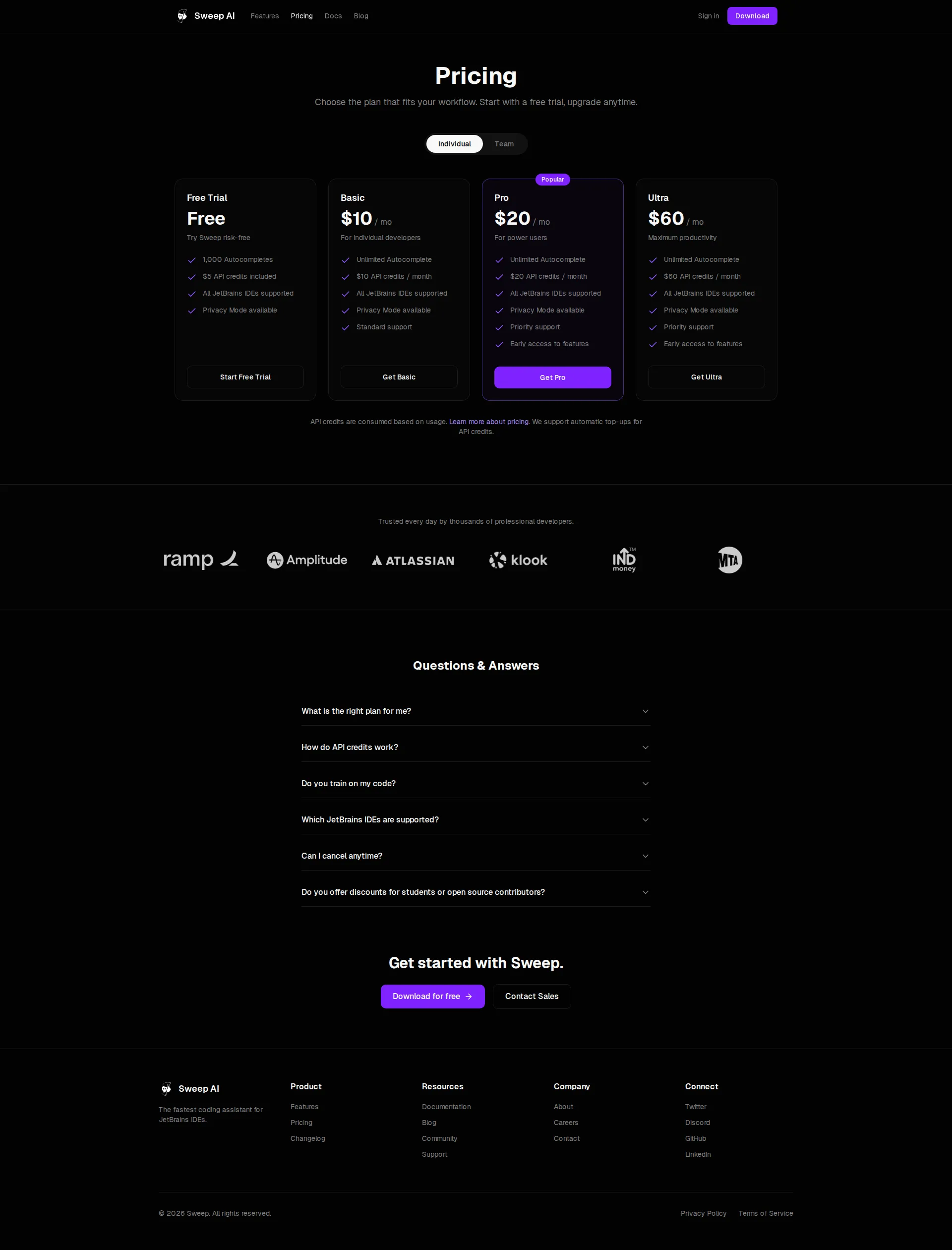 Sweep AI pricing page screenshot