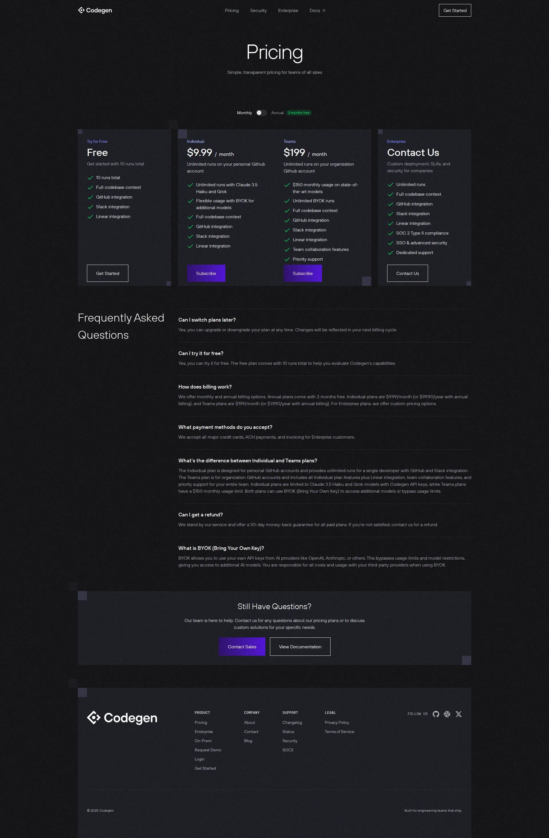 Codegen pricing page screenshot