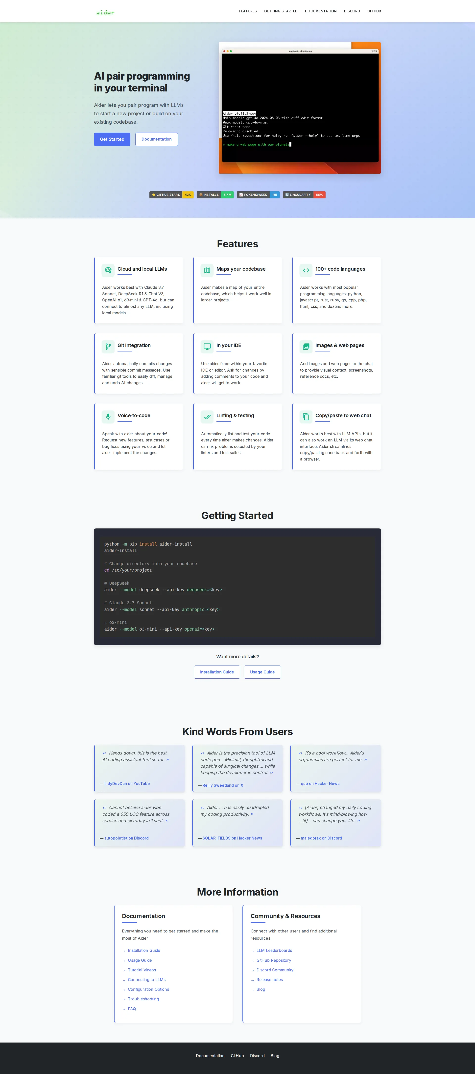Aider pricing page screenshot