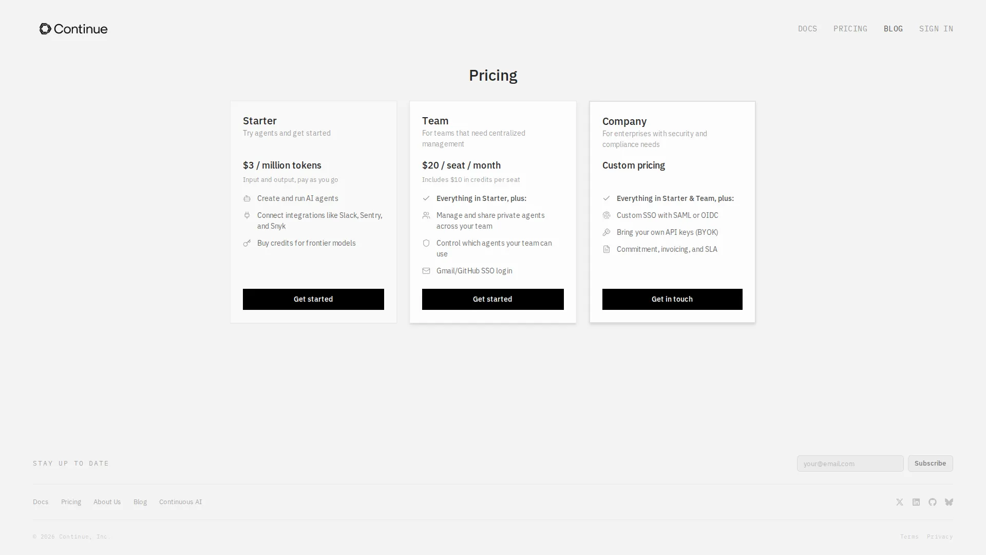 Continue.dev pricing page screenshot