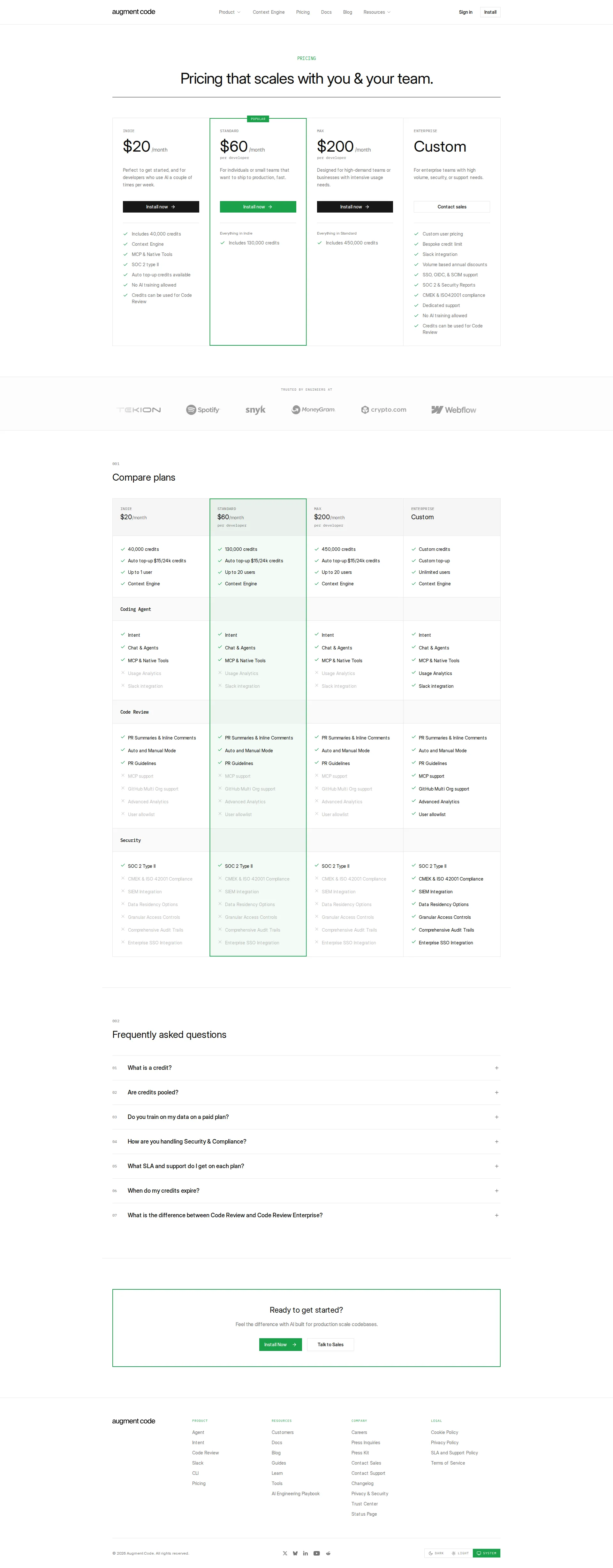 Augment Code pricing page screenshot