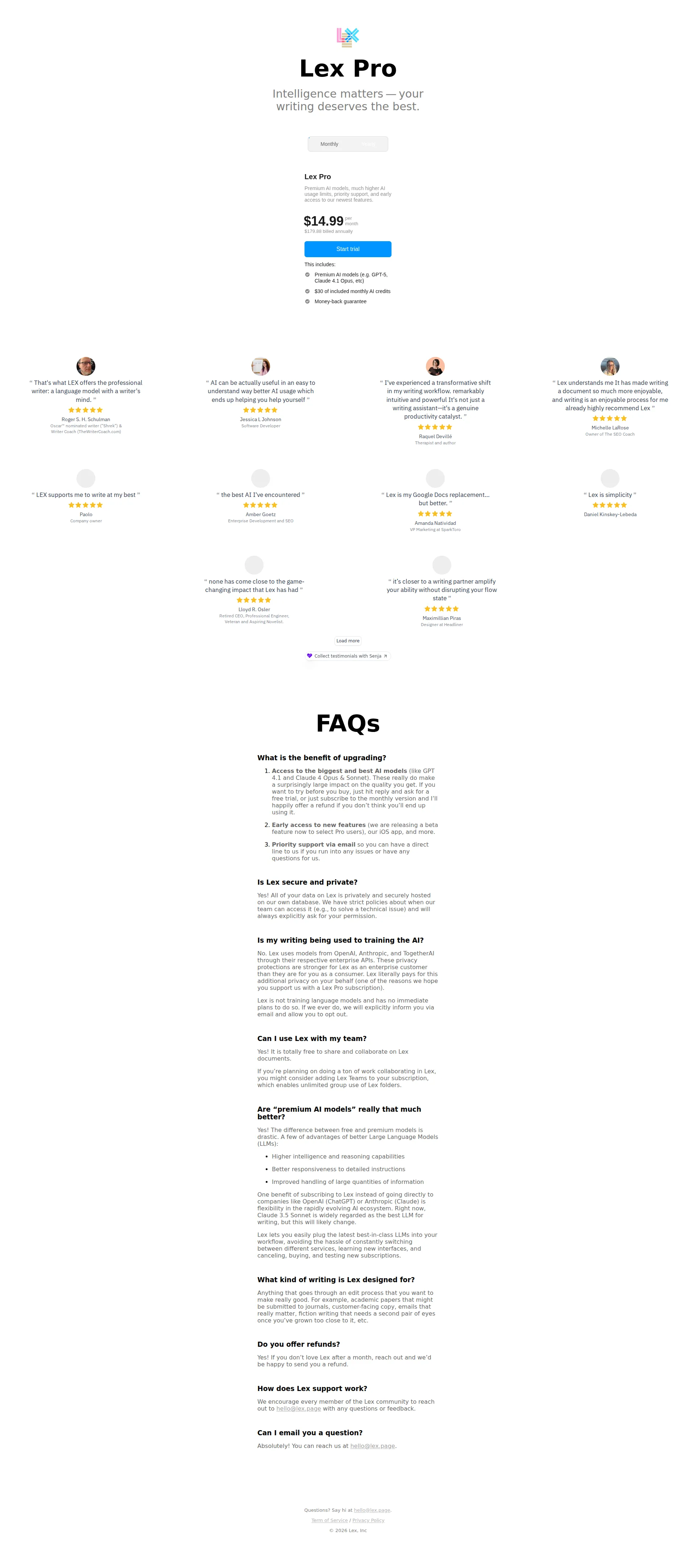 Lex pricing page screenshot