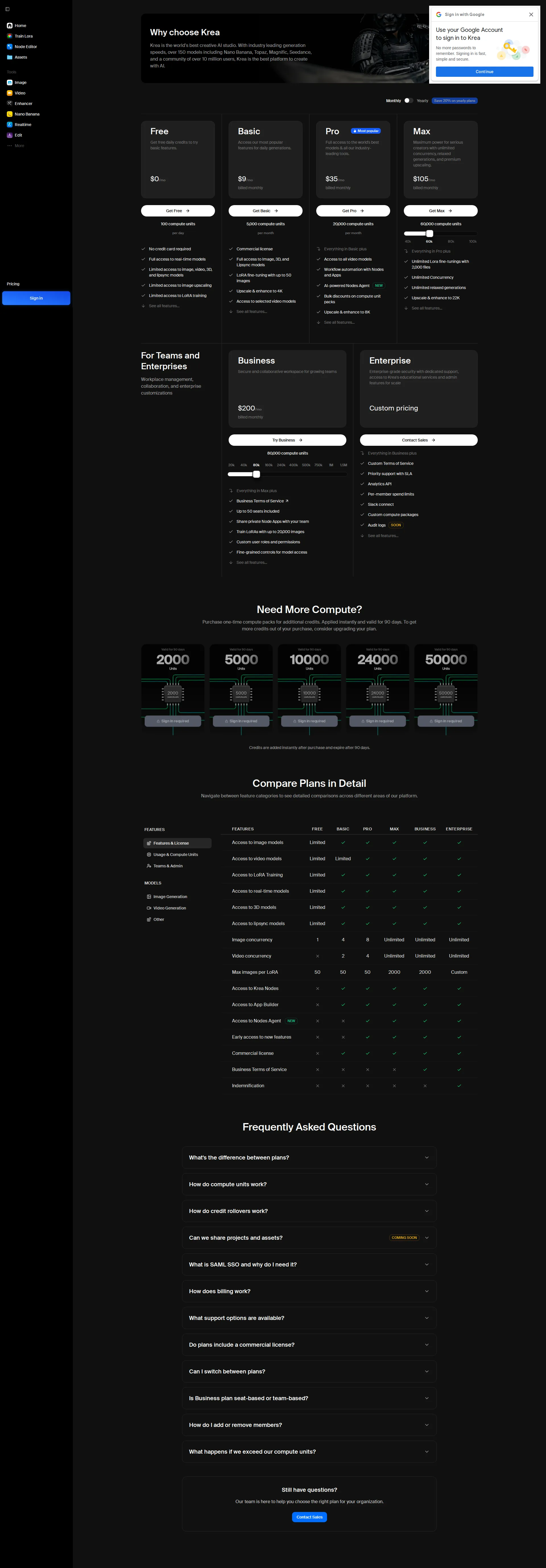 Krea AI pricing page screenshot