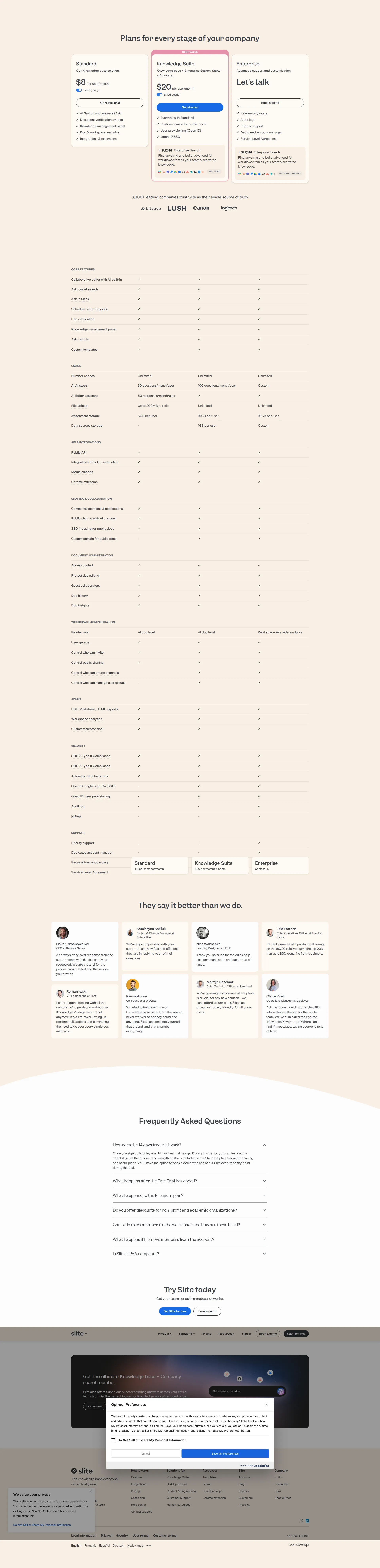 Slite pricing page screenshot